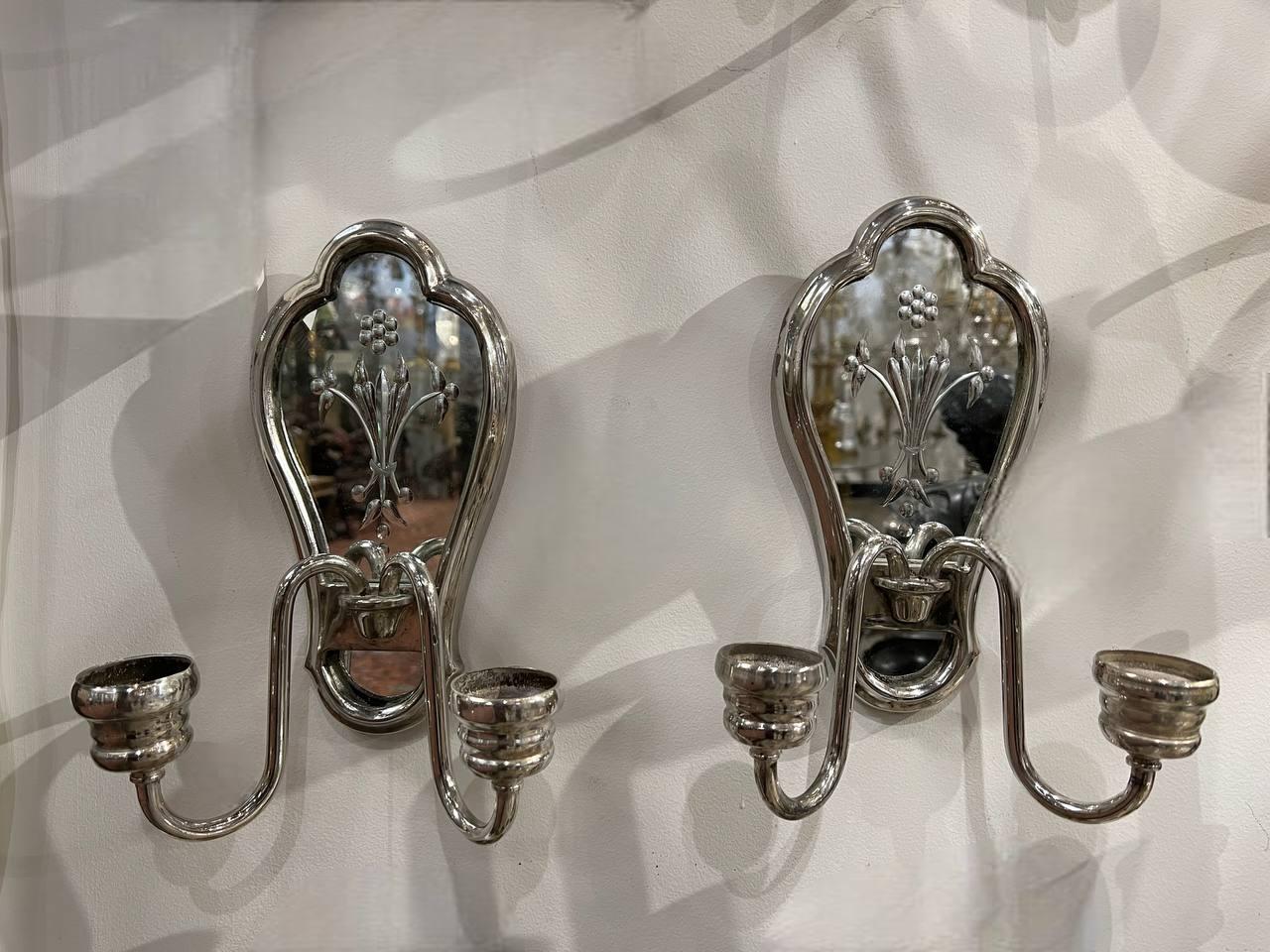 1920’s Small Silver Plated and Etched Mirror Sconces  In Good Condition For Sale In New York, NY