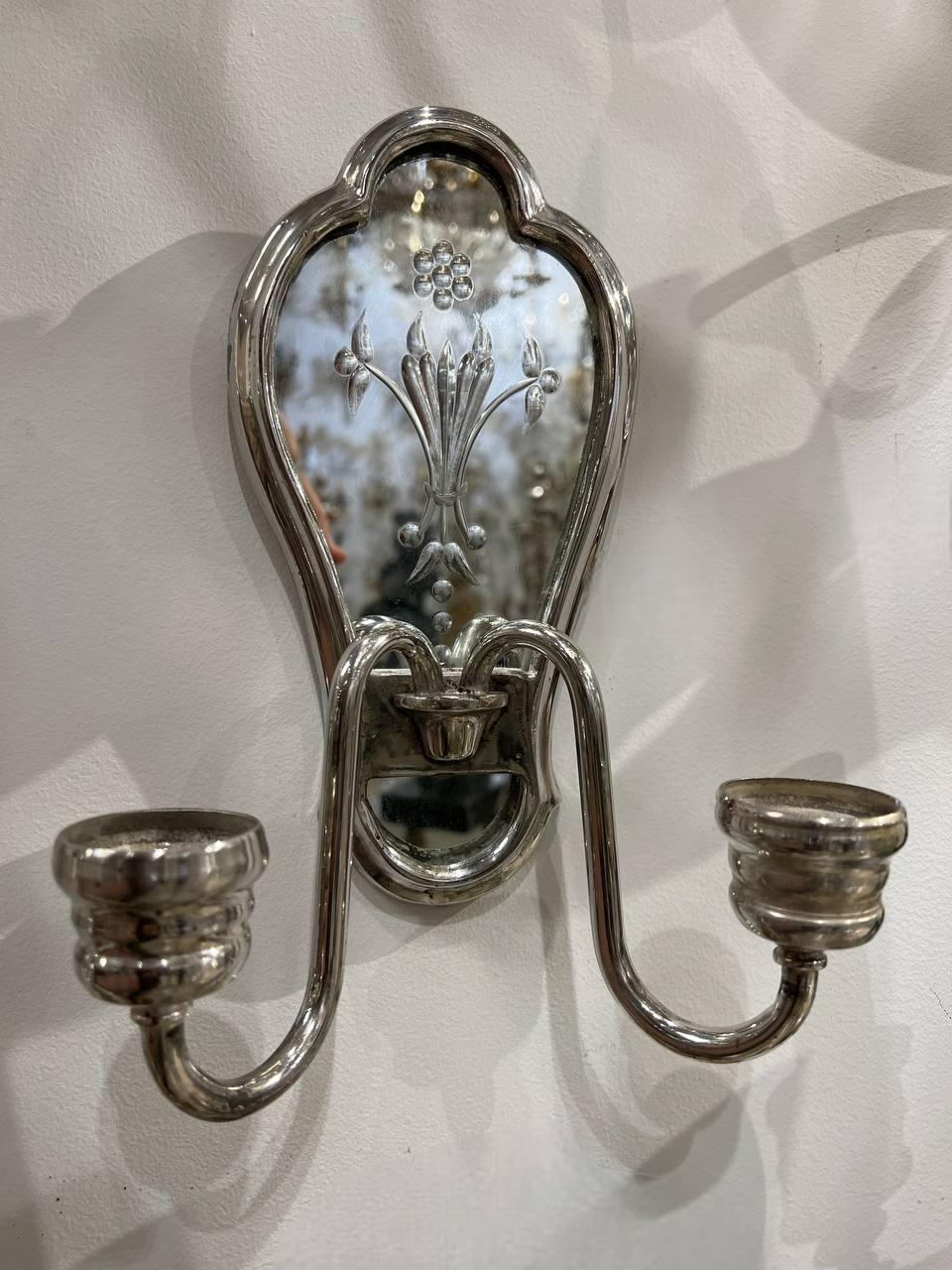 Early 20th Century 1920’s Small Silver Plated and Etched Mirror Sconces  For Sale