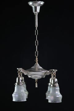 1920s Silver Plated Brass Chandelier w/ Iridescent Shades