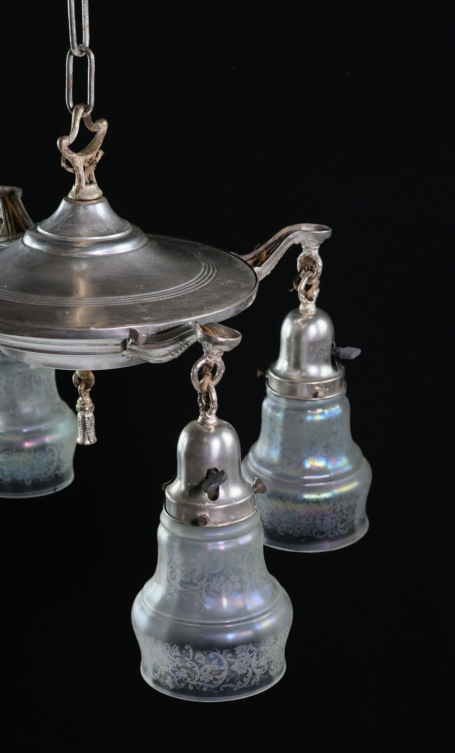 Victorian 1920s Silver Plated Brass Chandelier w/ Iridescent Shades  For Sale