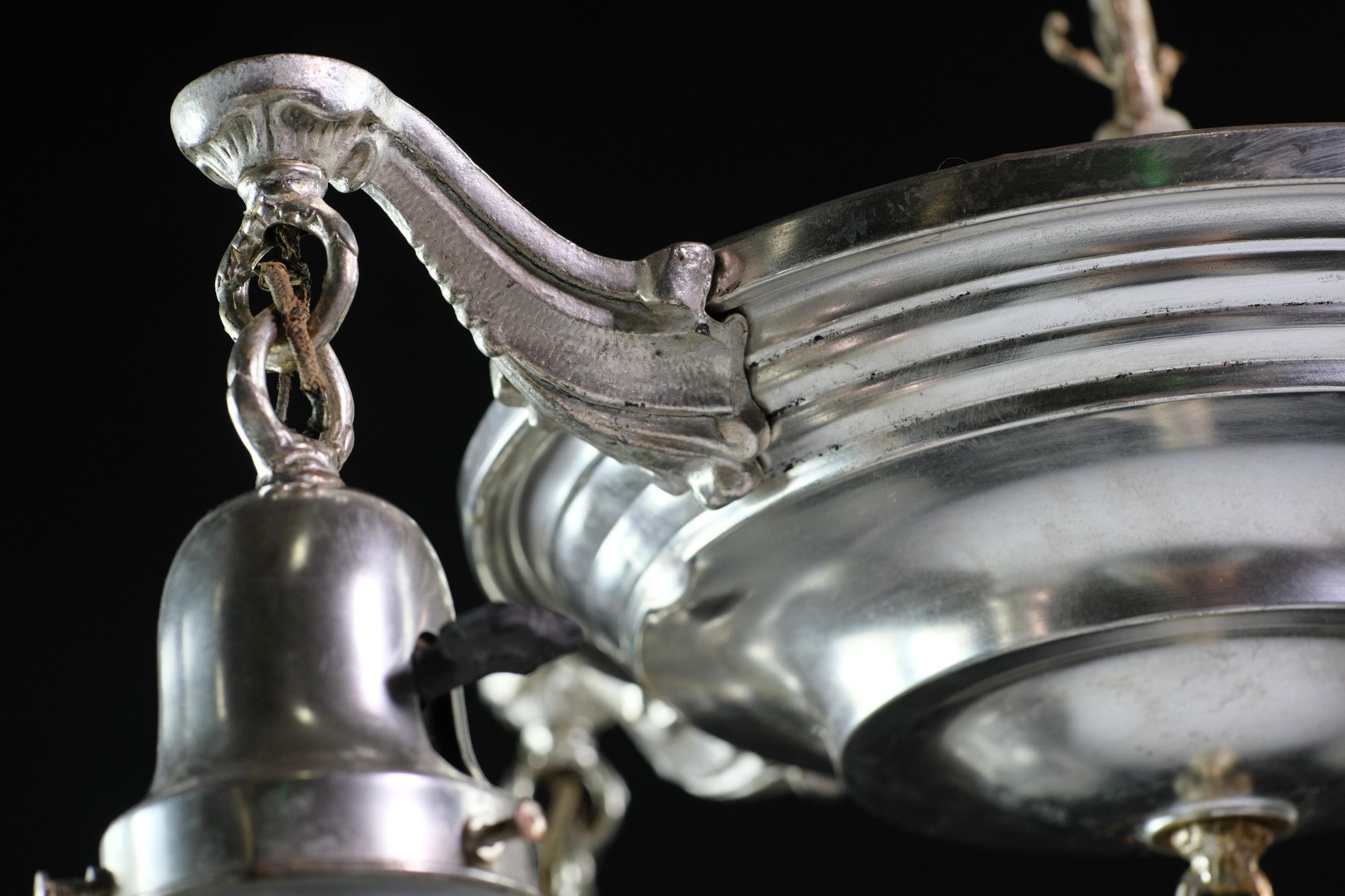 Early 20th Century 1920s Silver Plated Brass Chandelier w/ Iridescent Shades  For Sale