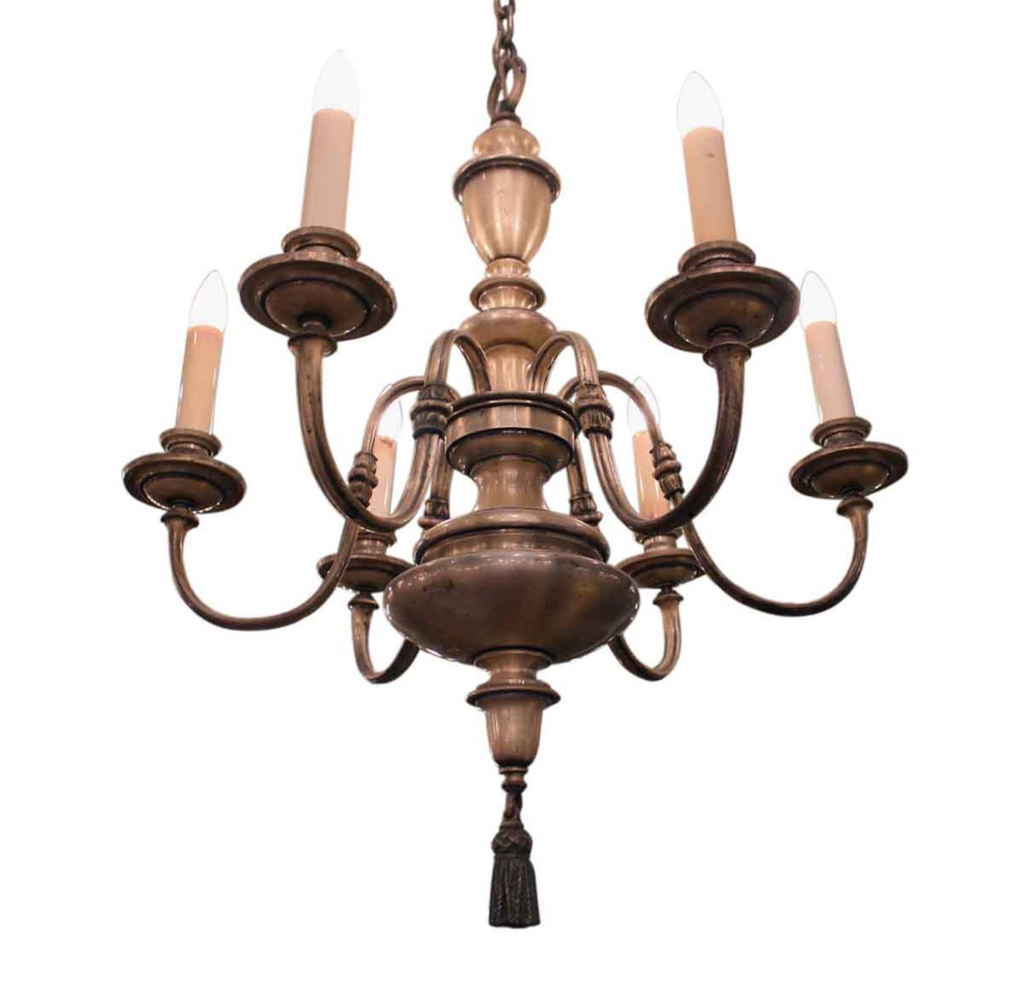 1920s Silver Plated Brass Six-Arm Chandelier with a Tassel Finial