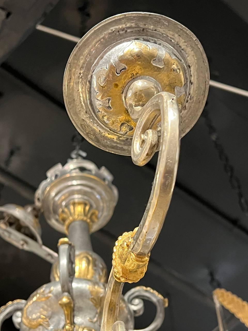 Neoclassical 1920's Silver Plated Caldwell Chandelier with Gilt Ornaments For Sale