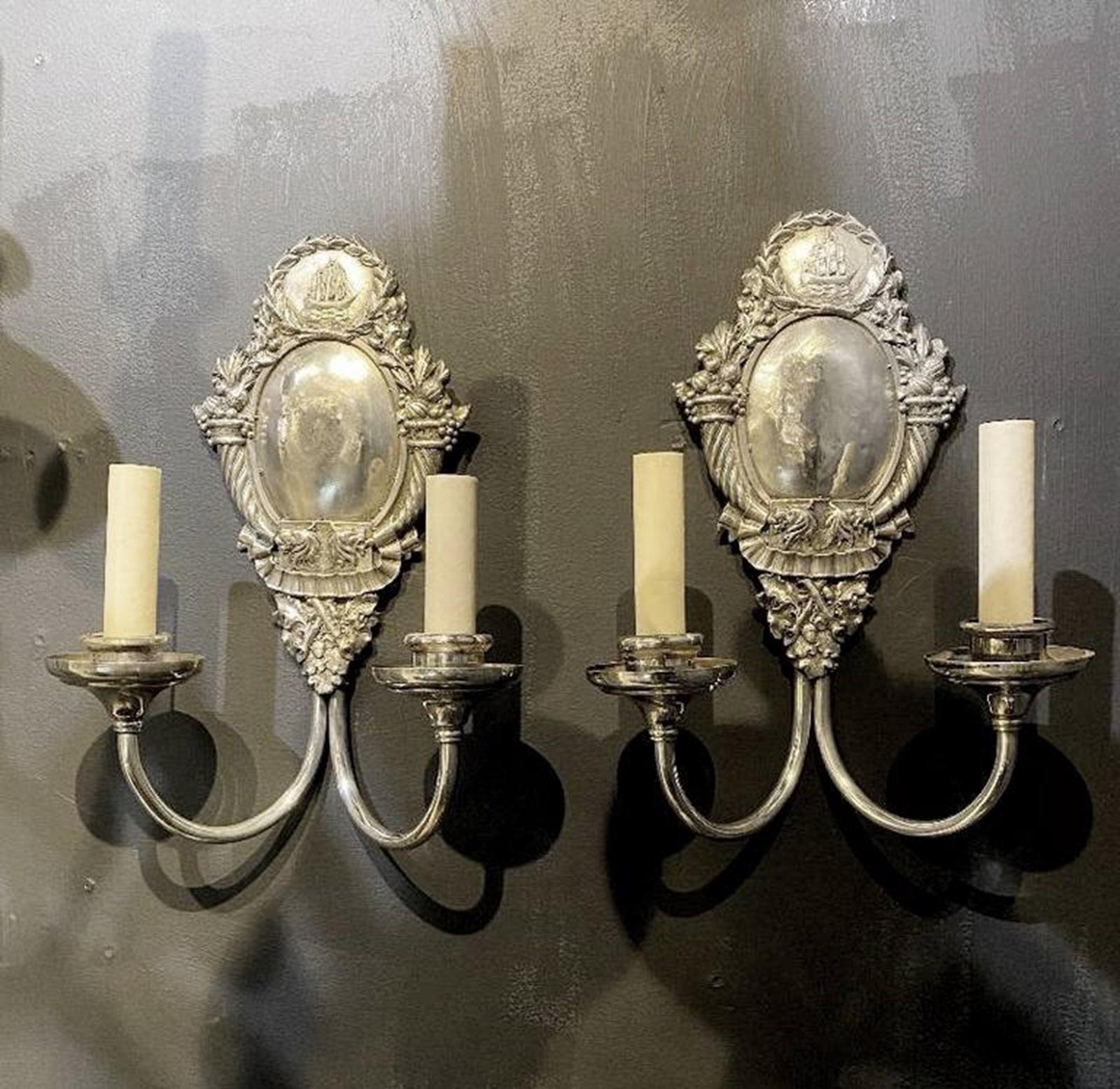 American 1920's Silver Plated Caldwell Sconces with Ship Design For Sale