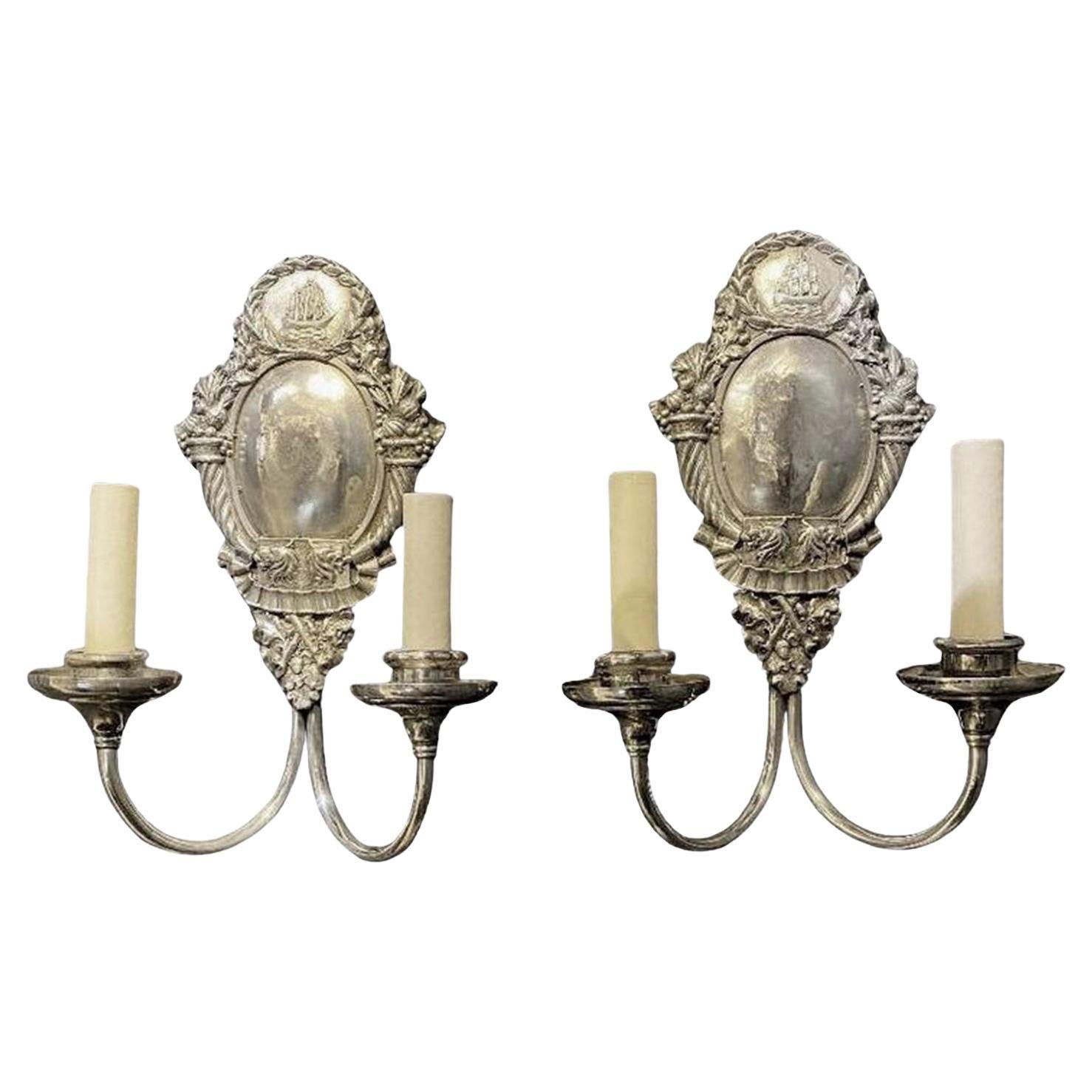 1920's Silver Plated Caldwell Sconces with Ship Design For Sale