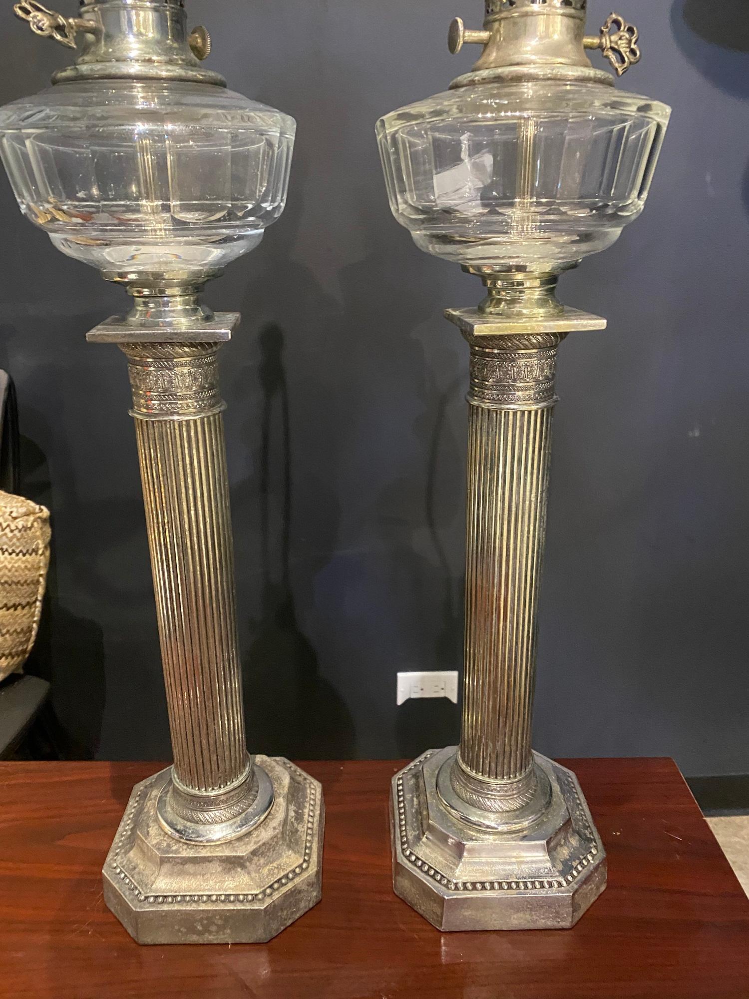 Unknown 1920s Silver Plated Empire Column Table Lamps For Sale