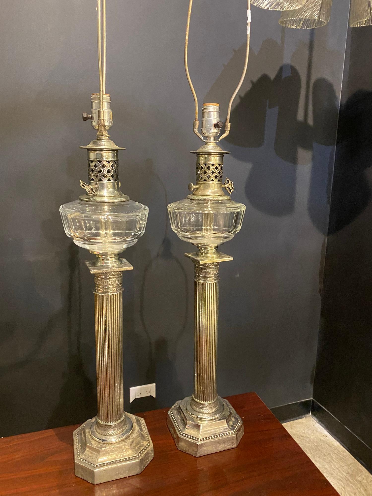 1920s Silver Plated Empire Column Table Lamps In Good Condition For Sale In New York, NY