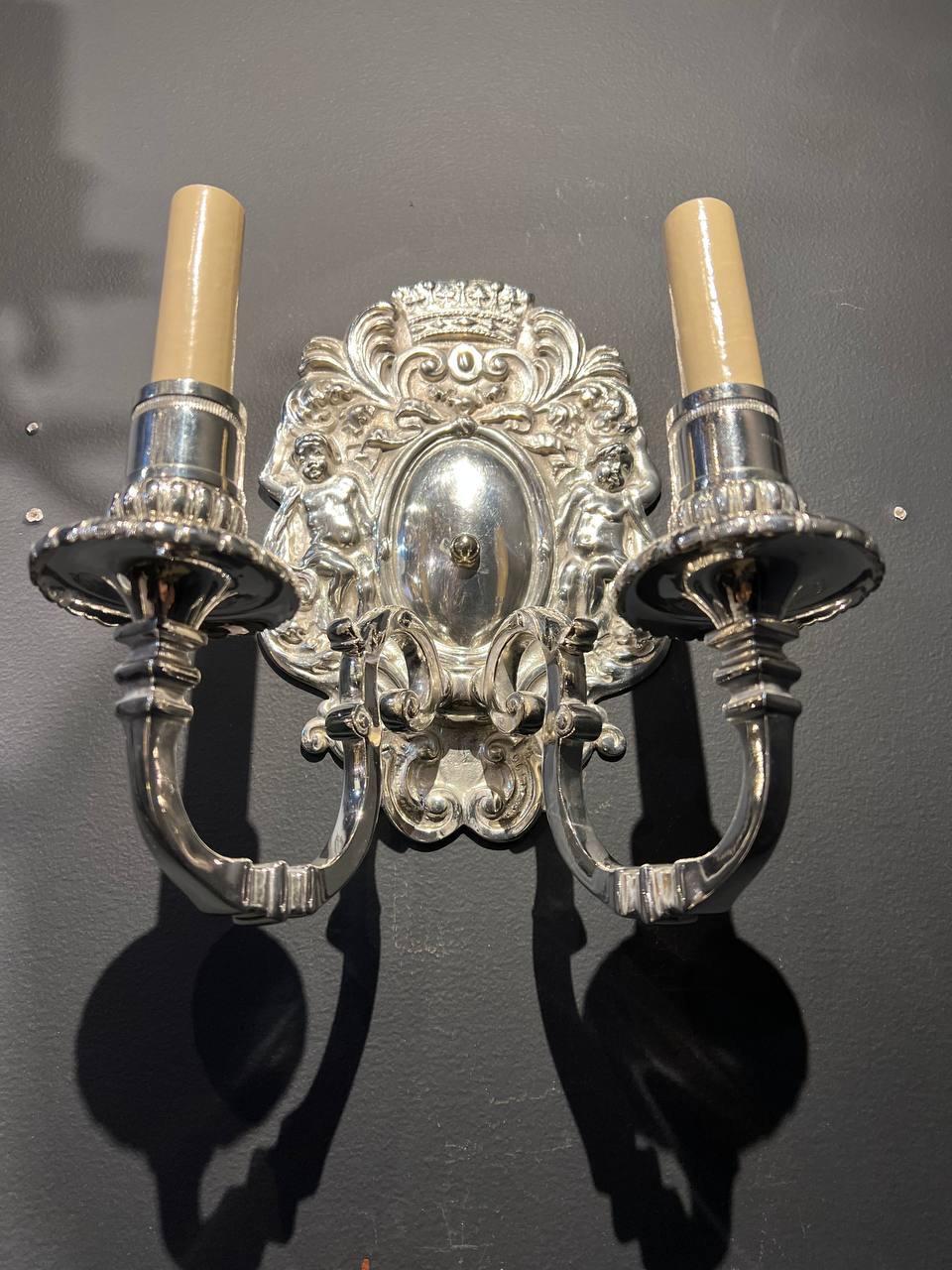 American Classical 1920s Silver Plated Sconces with cherubs  For Sale