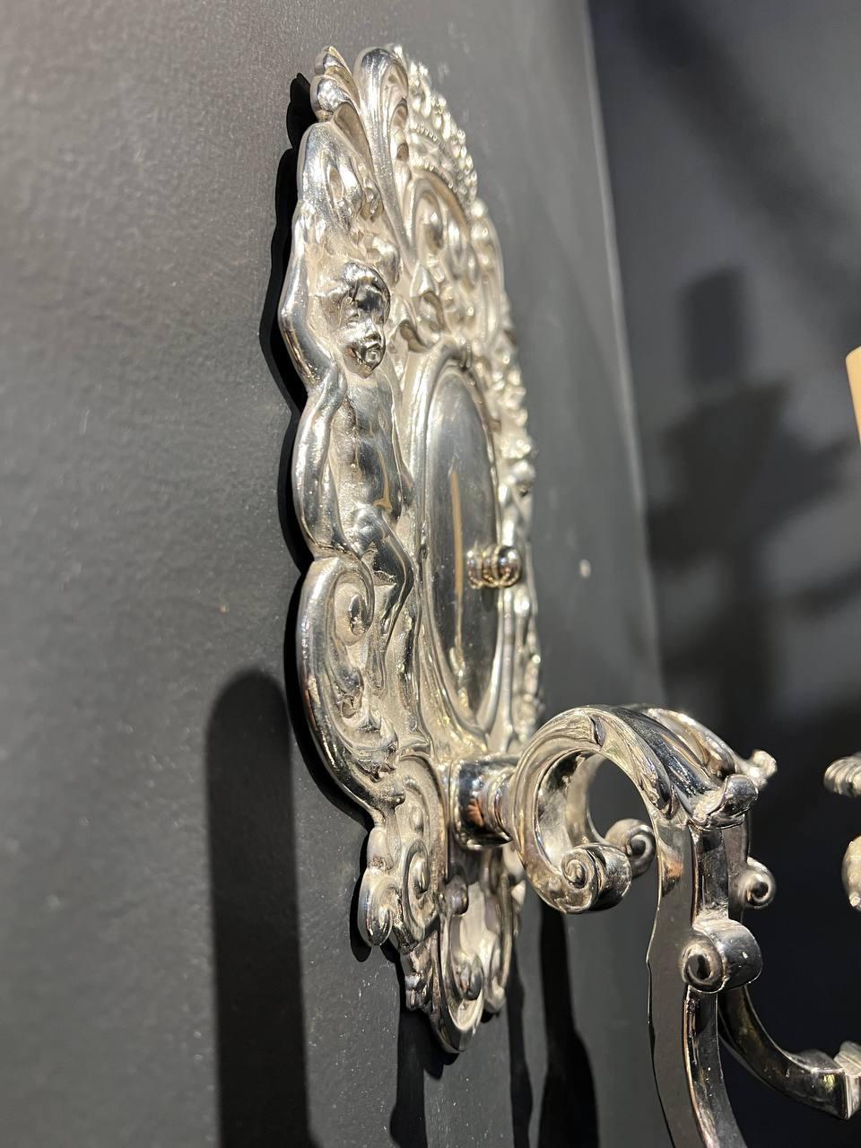 1920s Silver Plated Sconces with cherubs  In Good Condition For Sale In New York, NY