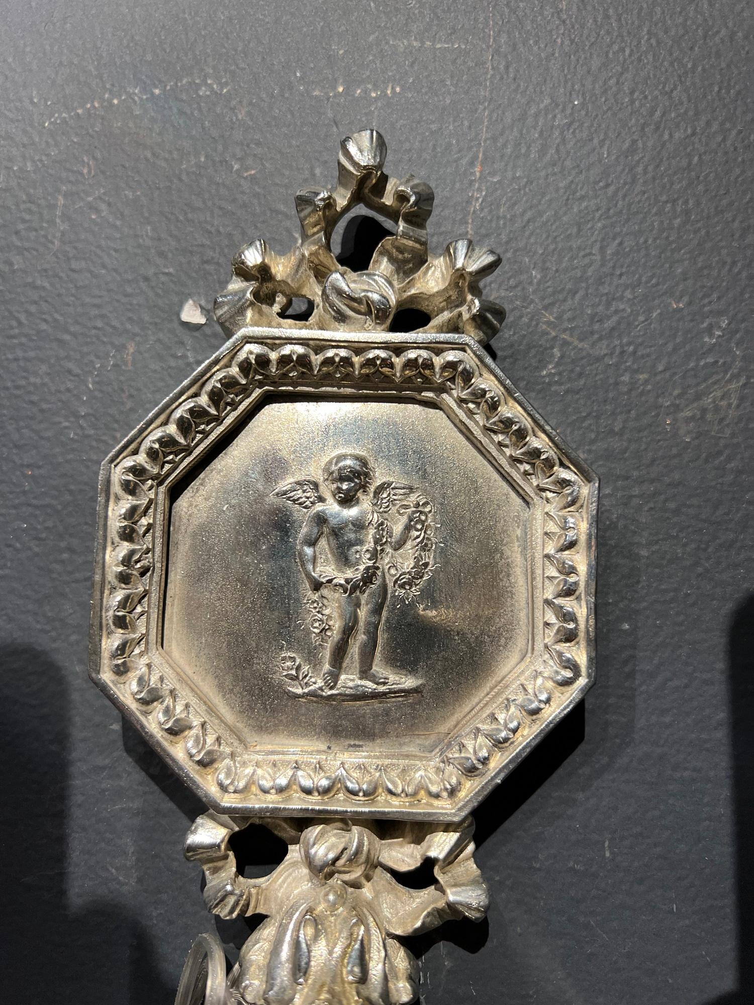 Engraved 1920s Silver Plated Small Sconces With Cherubs For Sale