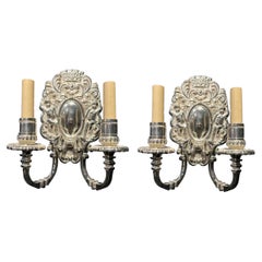 Antique 1920s Silver Plated Sconces with cherubs
