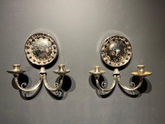 Pair of Silver Plated Sconces with Convex Mirrored, Circa 1920s