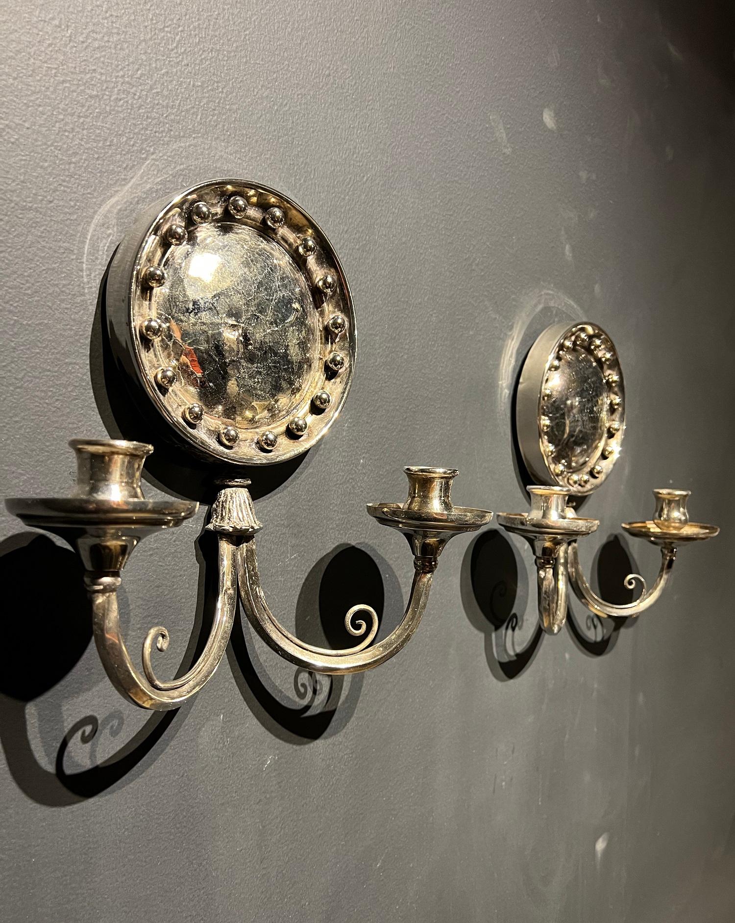 American Classical Pair of Silver Plated Sconces with Convex Mirrored, Circa 1920s