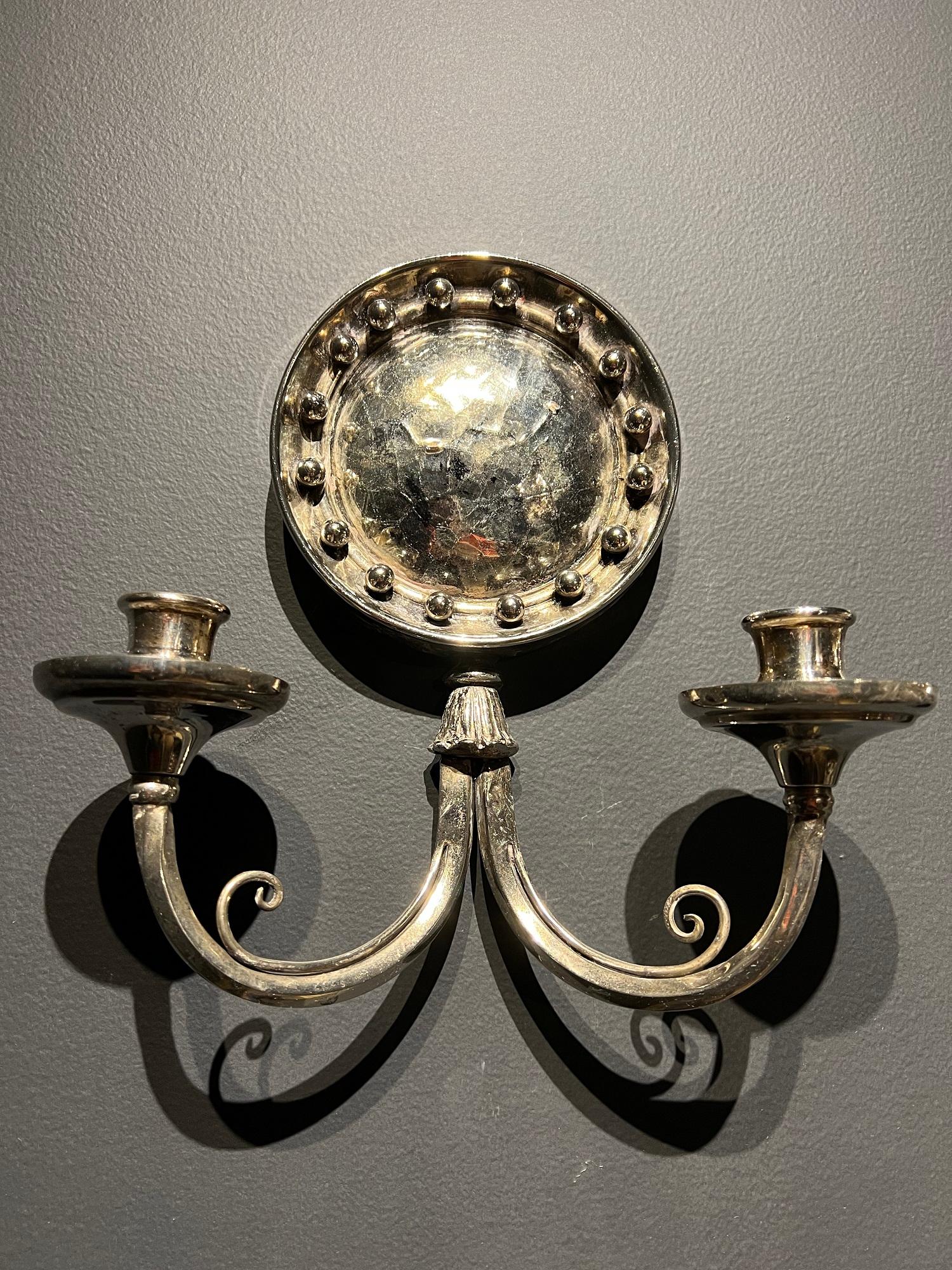 Pair of Silver Plated Sconces with Convex Mirrored, Circa 1920s In Good Condition In New York, NY