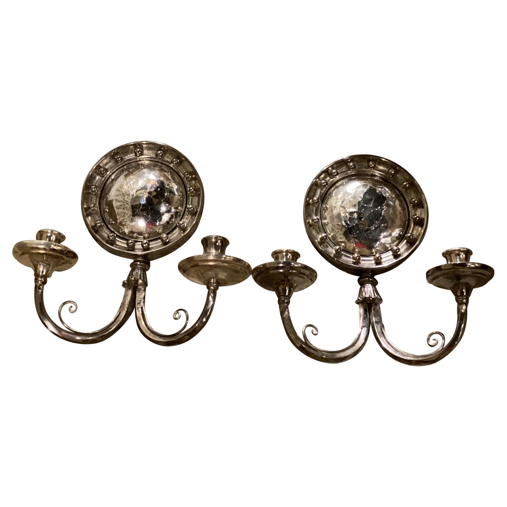 1920s Silver Plated Sconces With Convex Mirrored For Sale