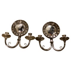 Antique 1920s Silver Plated Sconces With Convex Mirrored