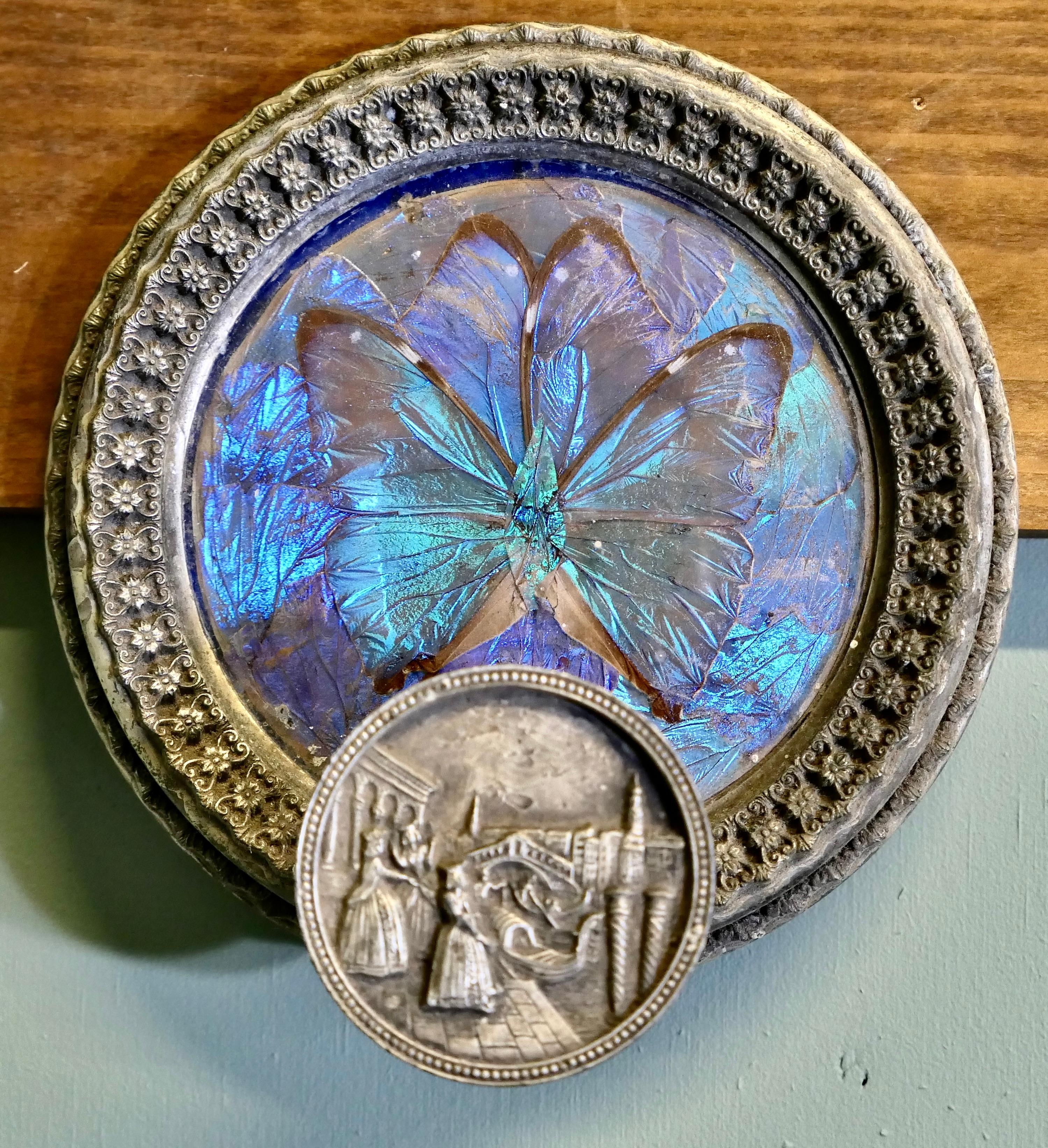 1920s Silver-Plated Venetian Butterfly Wings Coat Hanger

1920s silver-plated butterfly wings picture under glass as a coat hanger back plate with a venetian scene on the hook
A very interesting piece, the butterfly wings are in beautiful blues, the