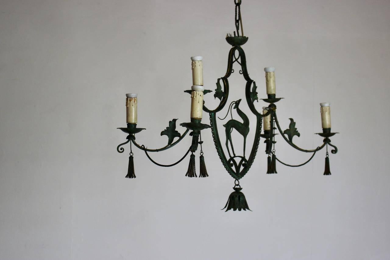A very stylish, circa 1920s Italian six-arm chandelier in painted metal by Carlo Rizzarda.
