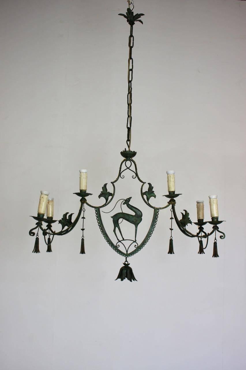 Painted 1920s Six-Arm Chandelier