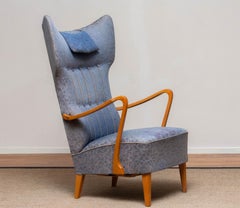 1920s, Slim Art Nouveau Swedish Wingback Chair in Oak with Extra High Backrest