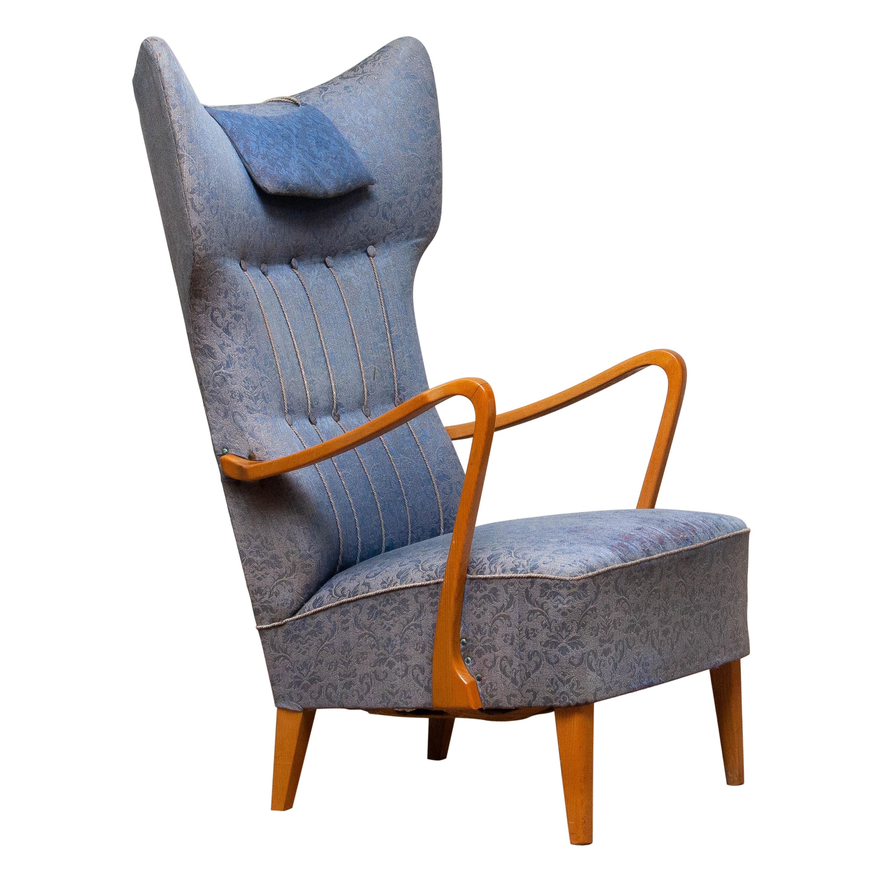 1920s, Slim Art Nouveau Swedish Wingback Chair in Oak with Extra High Backrest