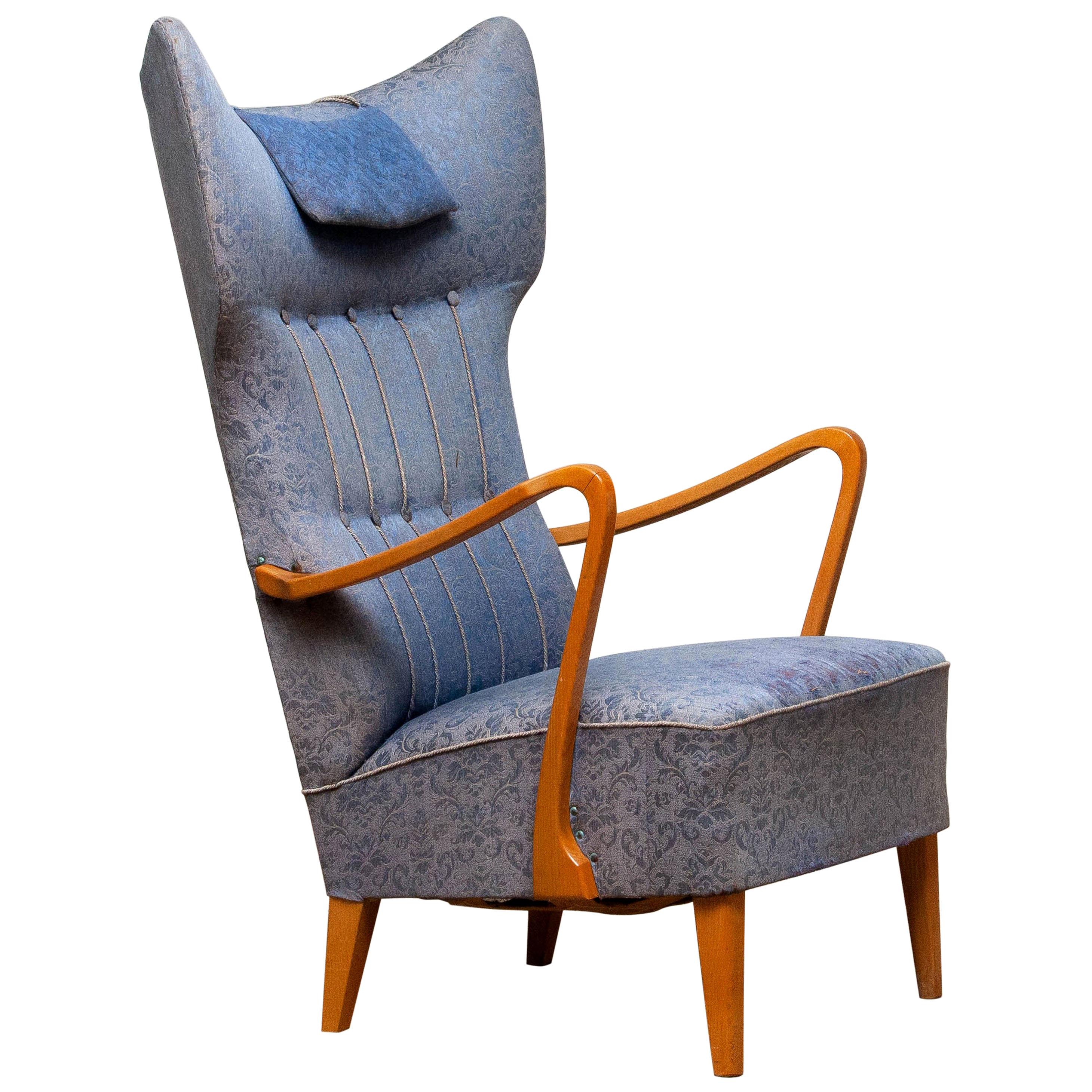 1920s, Slim Art Nouveau Swedish Wingback Chair in Oak with Extra High Backrest