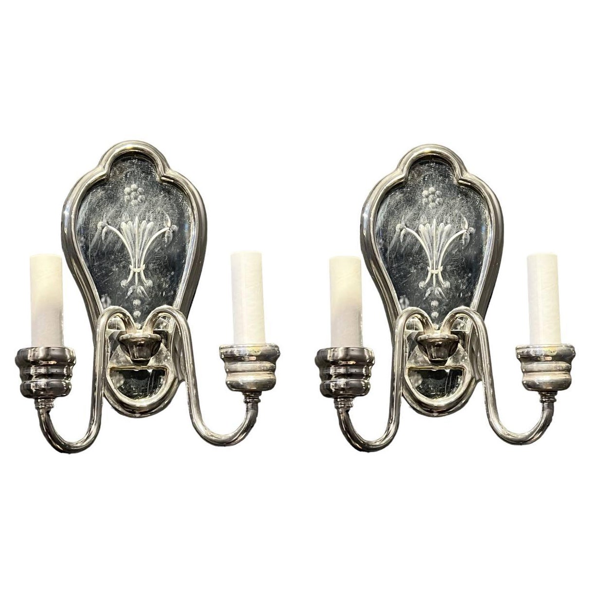 1920’s Small Silver Plated and Etched Mirror Sconces