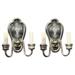 1920’s Small Silver Plated and Etched Mirror Sconces