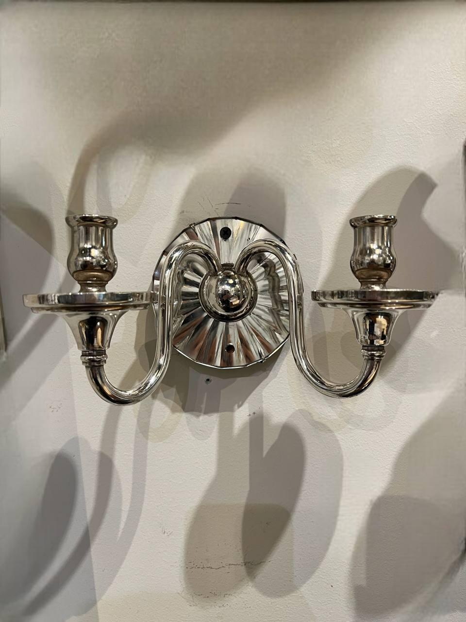 Silvered 1920's Small Silver Plated Sconces with Mirror For Sale