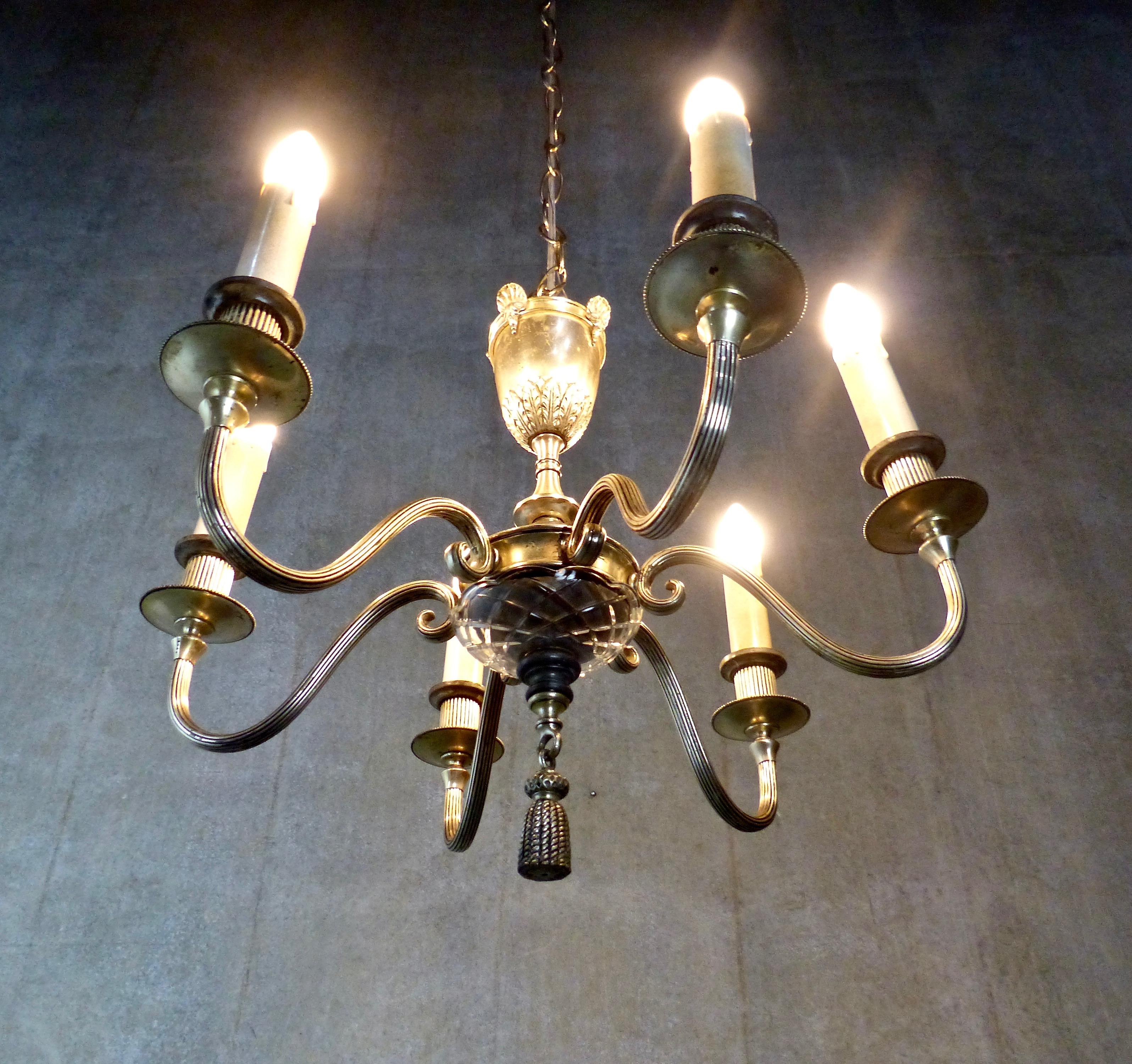 American 1920s Small Six-Armed Silver Gilt Chandelier