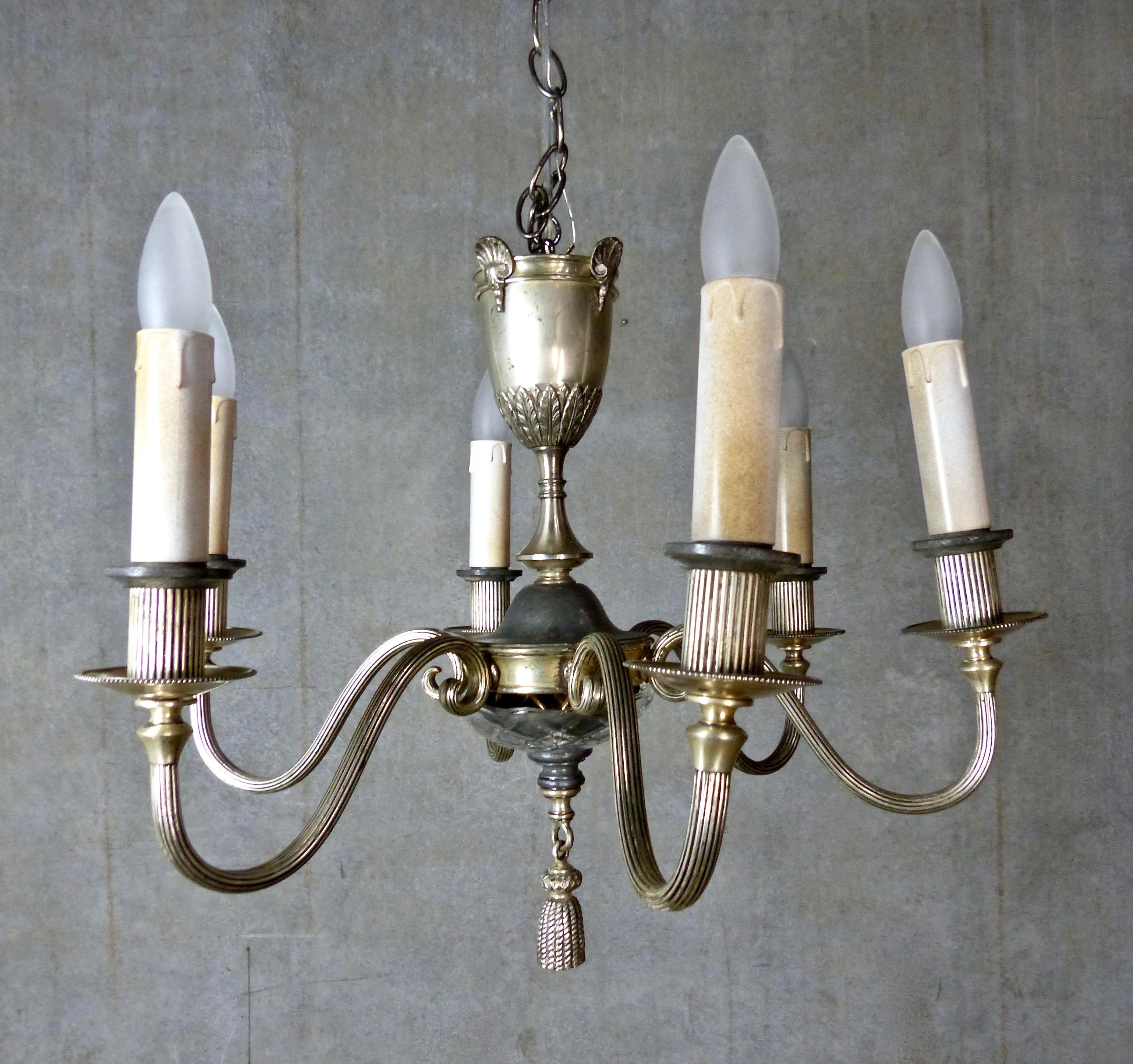 Early 20th Century 1920s Small Six-Armed Silver Gilt Chandelier