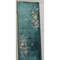 1920s Small Wool Pile Green Open Field Antique Floral Chinese Deco Throw Rug