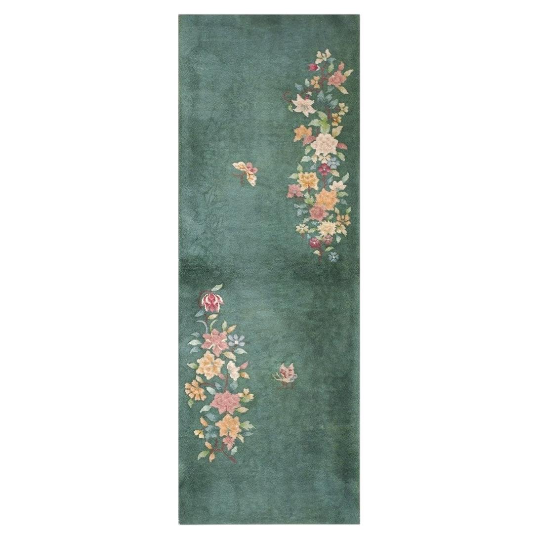 1920s Small Wool Pile Green Open Field Antique Floral Chinese Deco Throw Rug