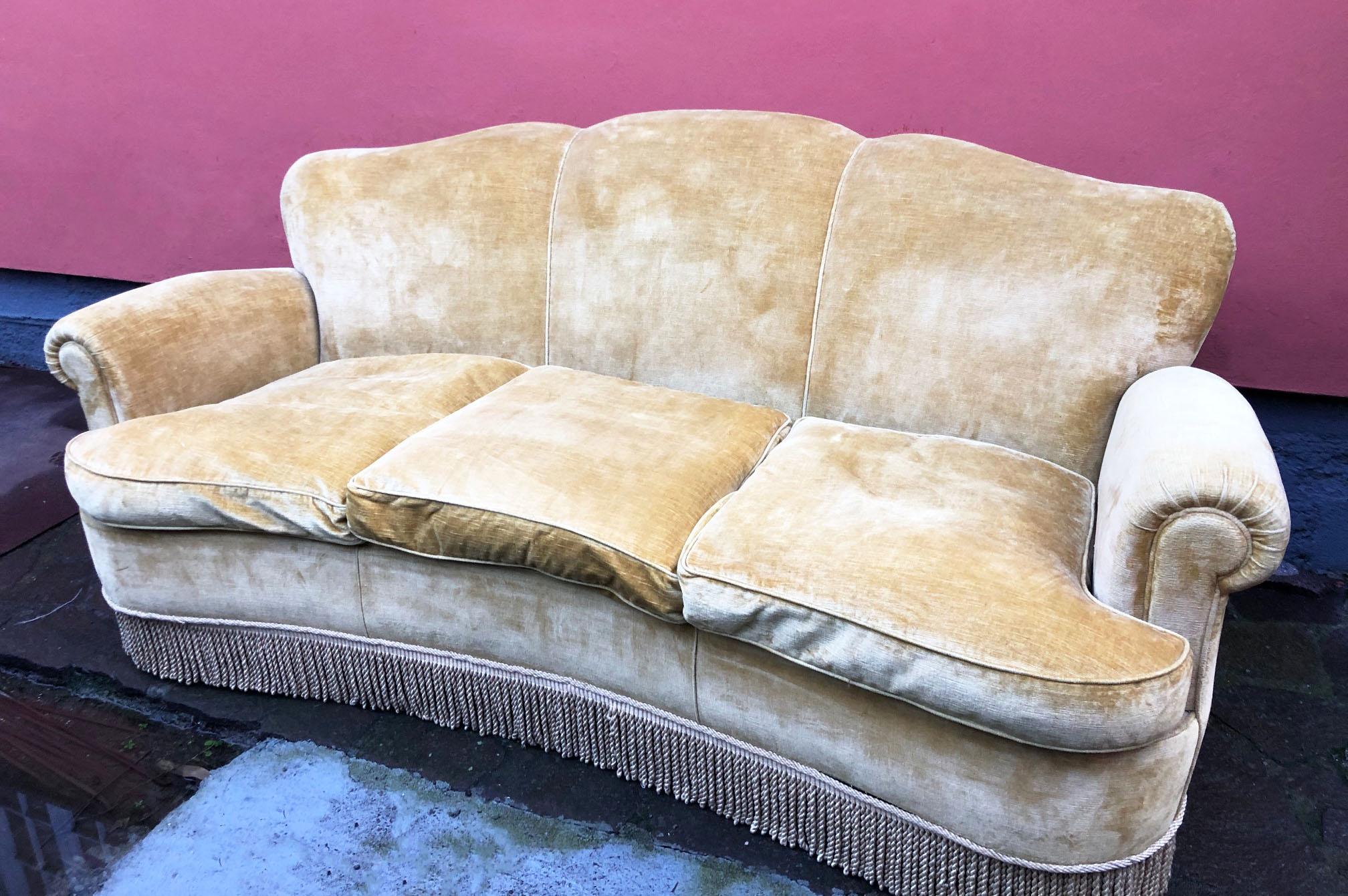 1920s Sofa Art Deco Velvet Ocher Color Three Seats Original 5