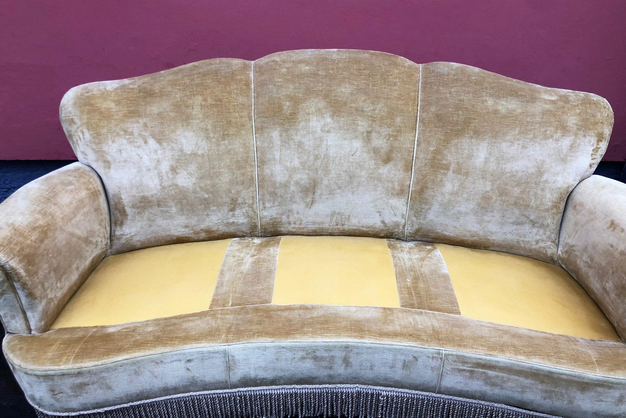 1920s Sofa Art Deco Velvet Ocher Color Three Seats Original In Good Condition In Buggiano, IT