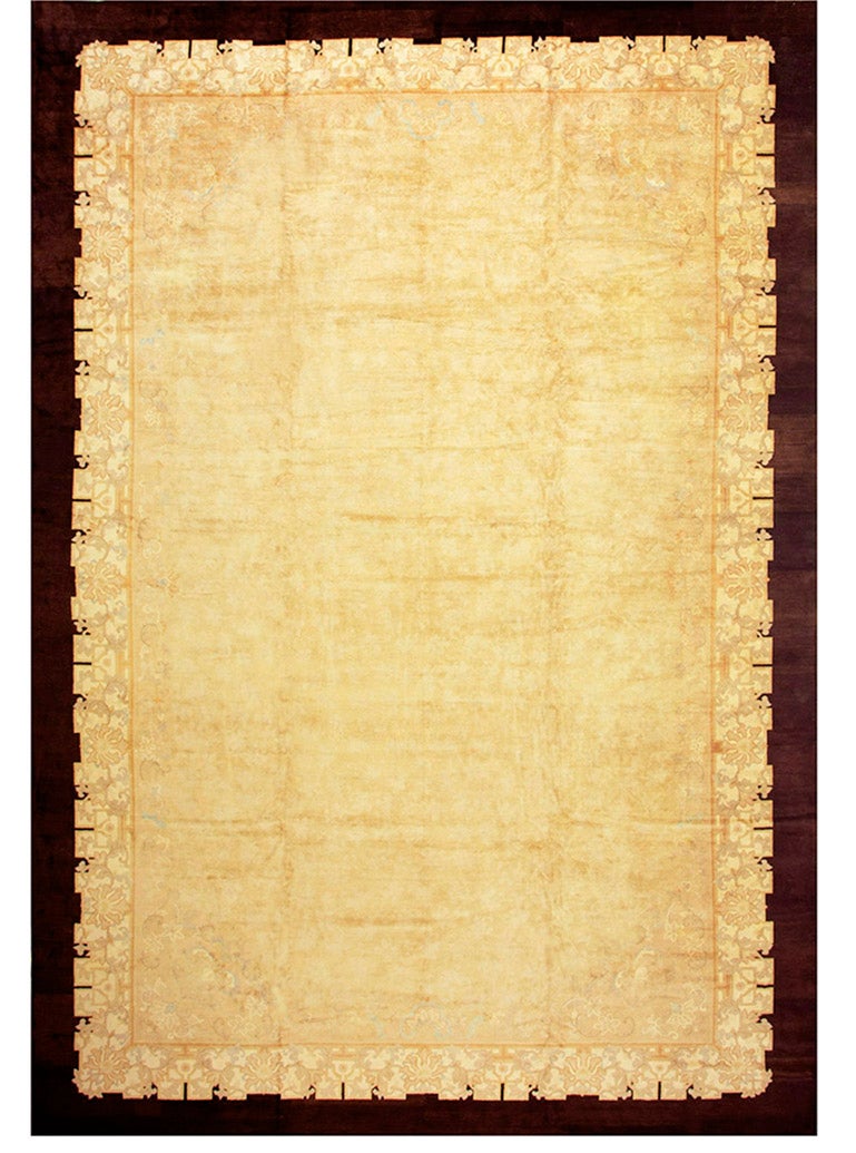 1920s Soft Yellow Antique Floral Minimalist Knotted Wool Chinese Peking Rug For Sale