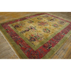 1920s Soft Yellow Field Antique Vase Floral Shou Symbols Chinese Art Deco Rug