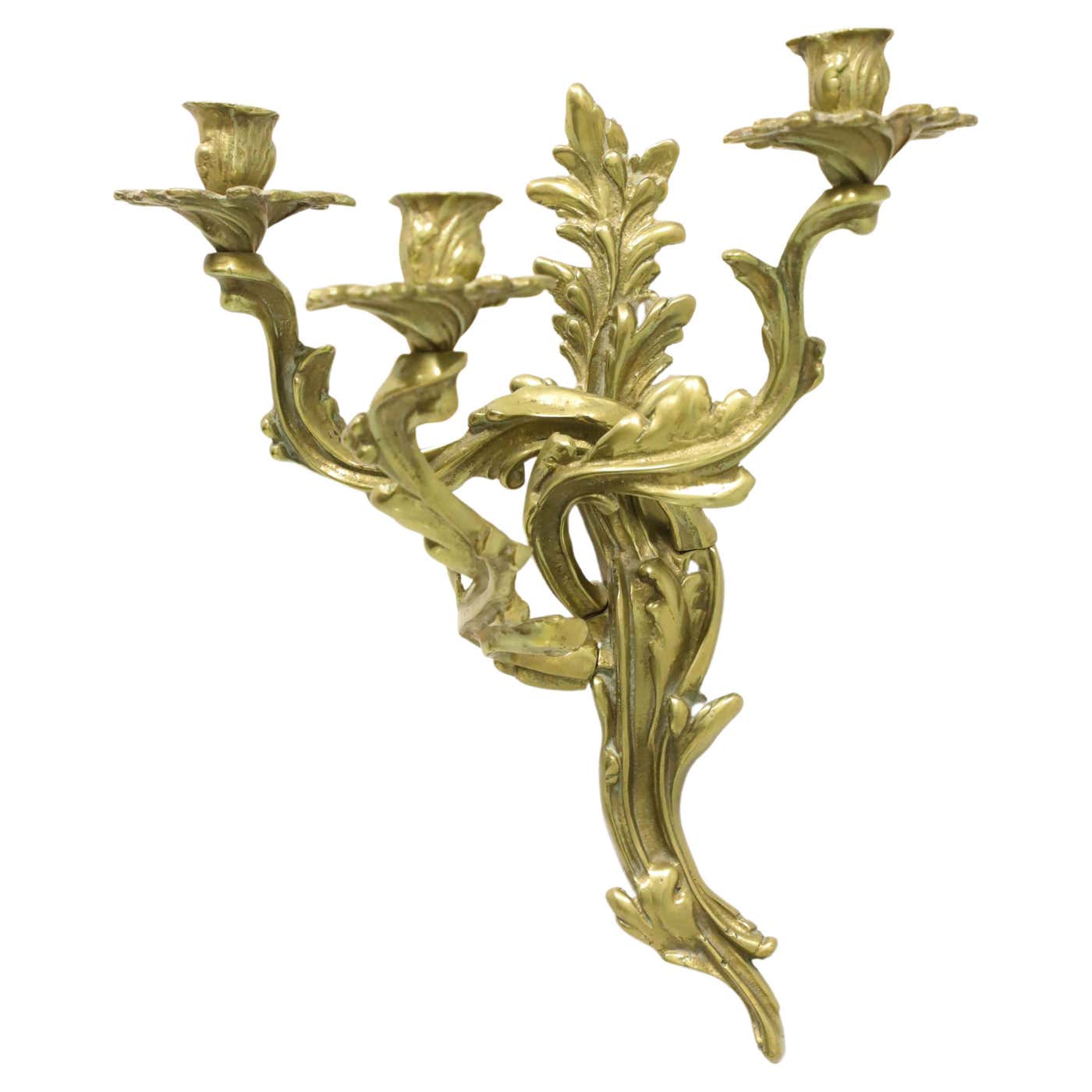 Antique 1920's Solid Brass Rococo Style Candle Wall Sconce For Sale at ...