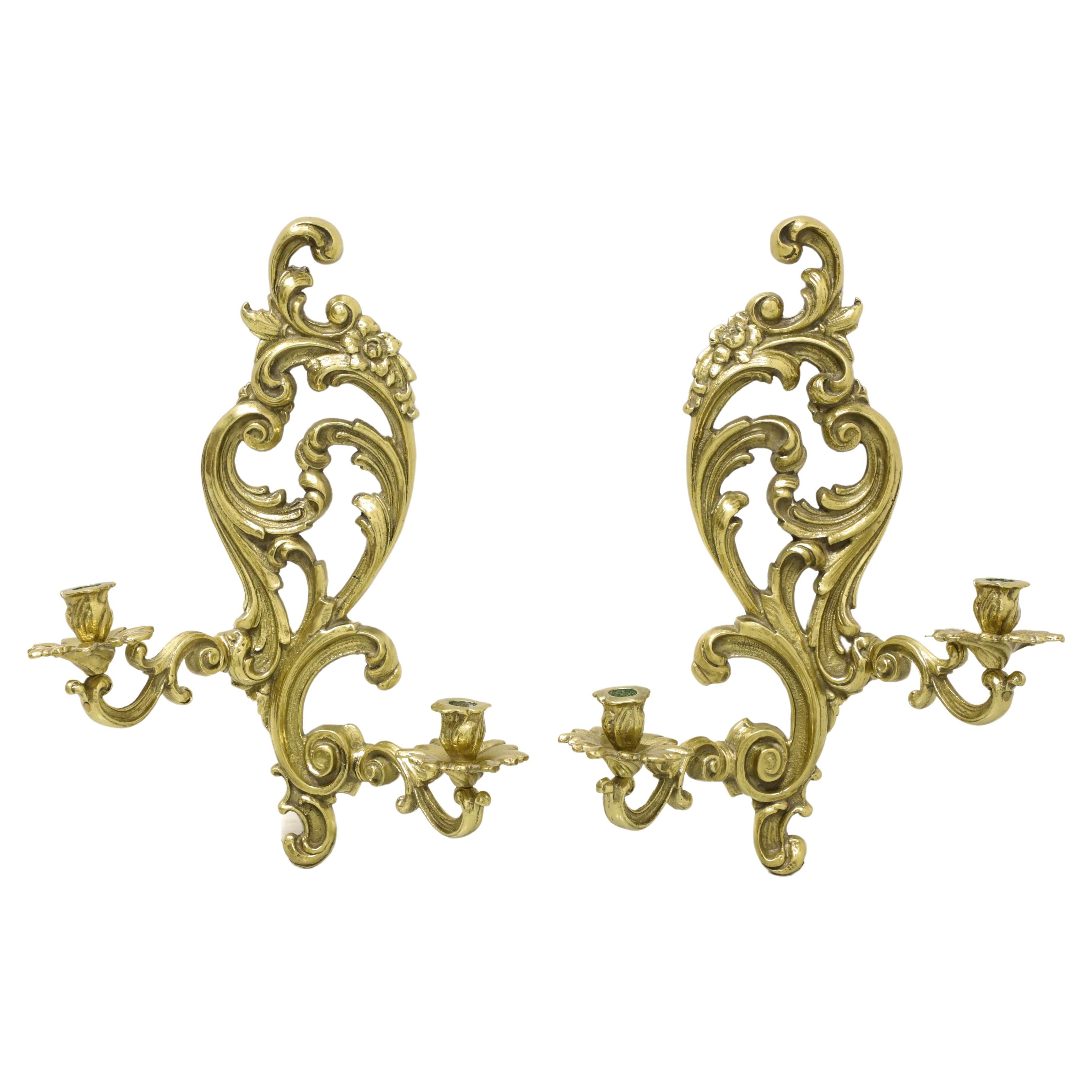 Antique 1920's Solid Brass Rococo Style Candle Wall Sconces - Pair For Sale