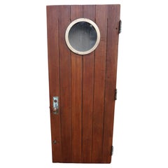 Antique 1920s Solid Teak Ship Door with Brass Porthole & Original Handles