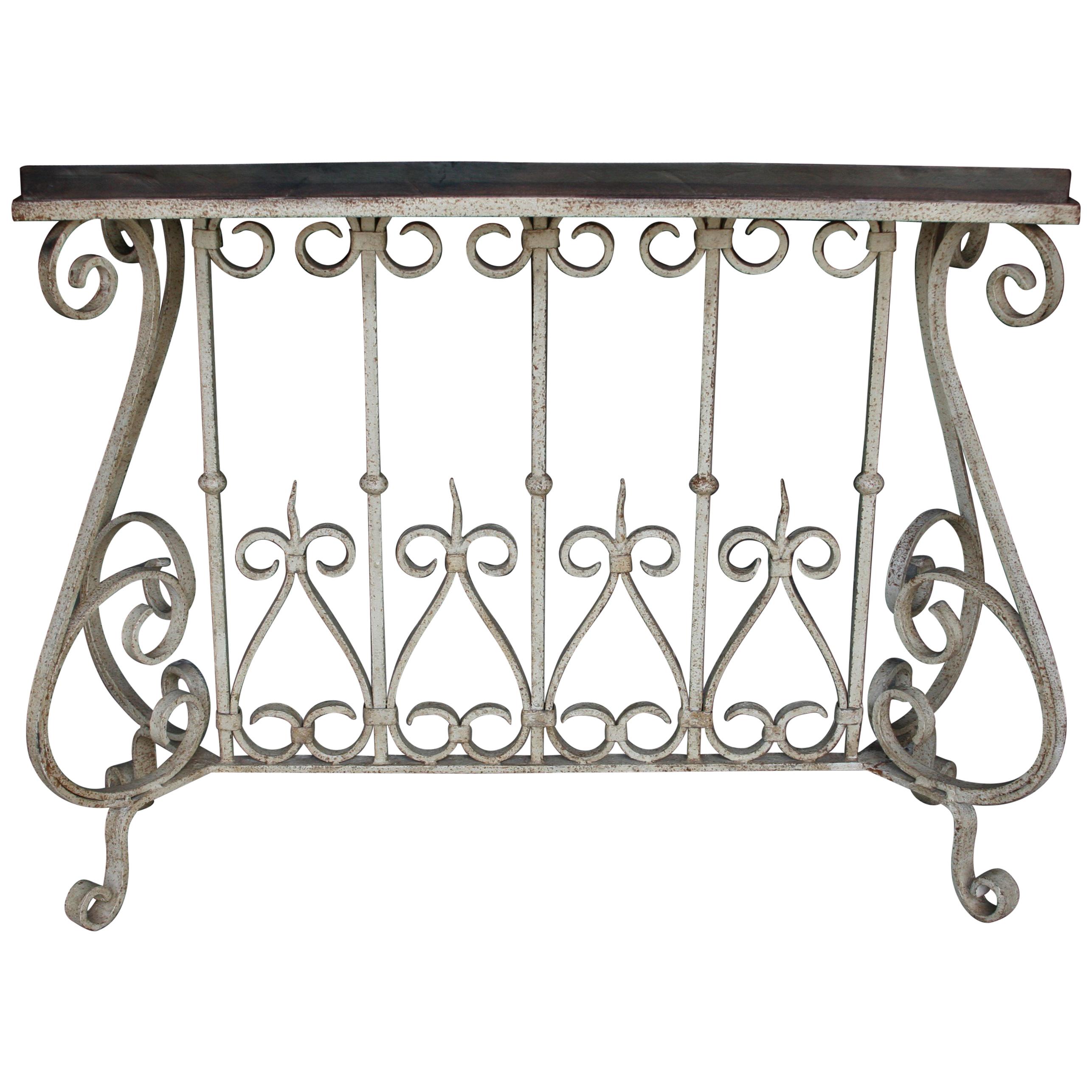 1920s Solid Teak Wood and Hand Forged Wrought Iron French Colonial Console Table For Sale