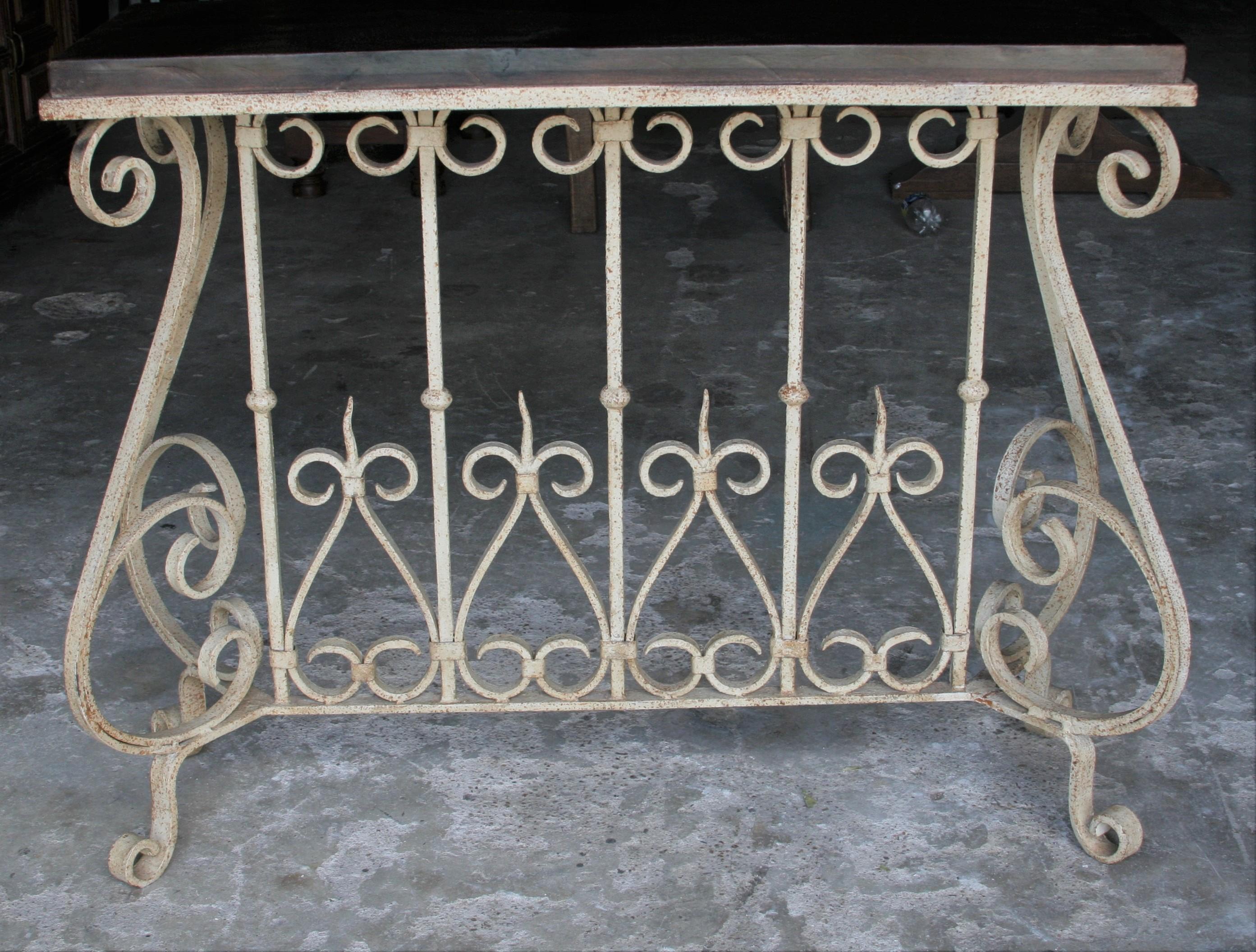 French Provincial 1920s Solid Teak Wood and Hand Forged Wrought Iron French Colonial Console Table For Sale