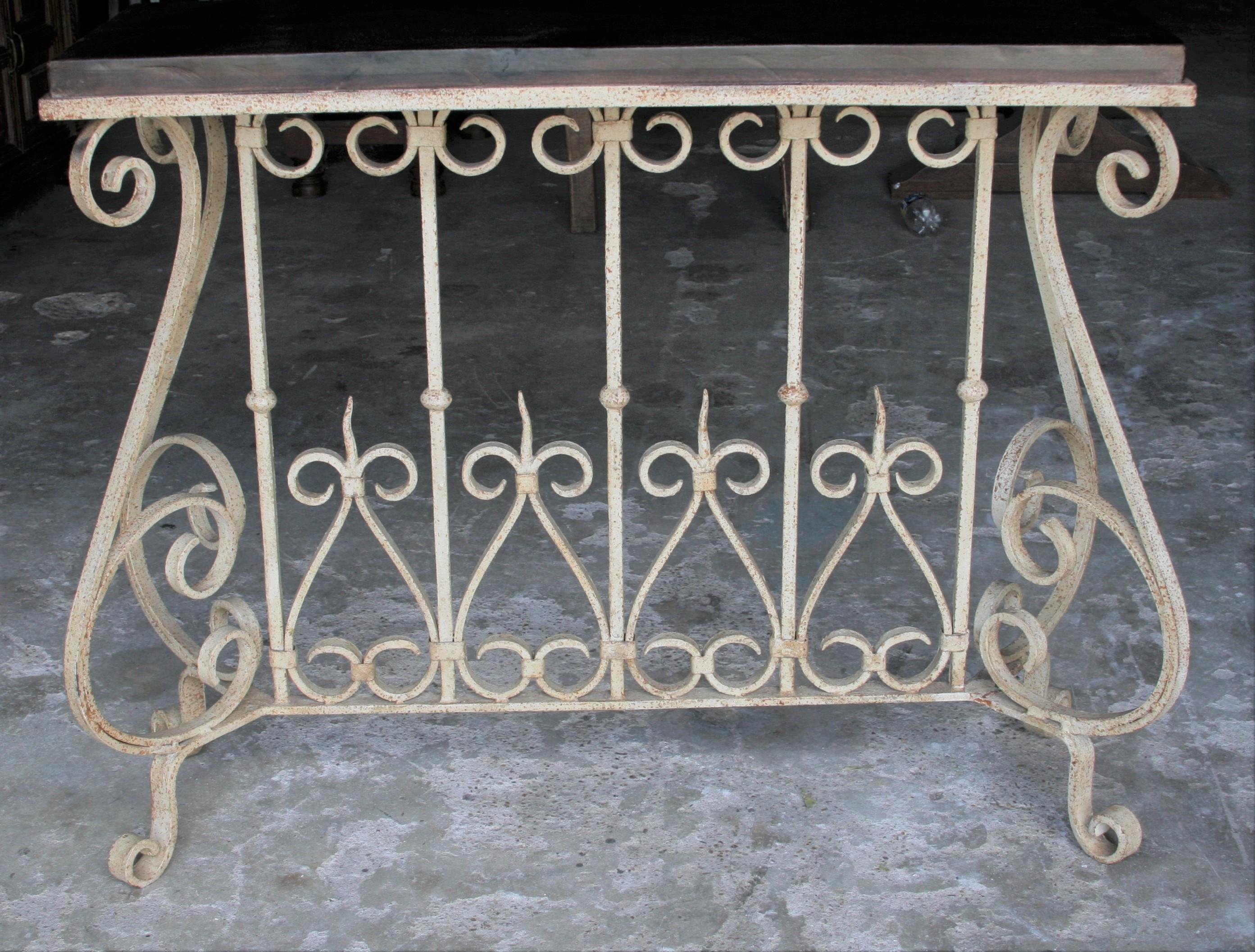 Indian 1920s Solid Teak Wood and Hand Forged Wrought Iron French Colonial Console Table For Sale