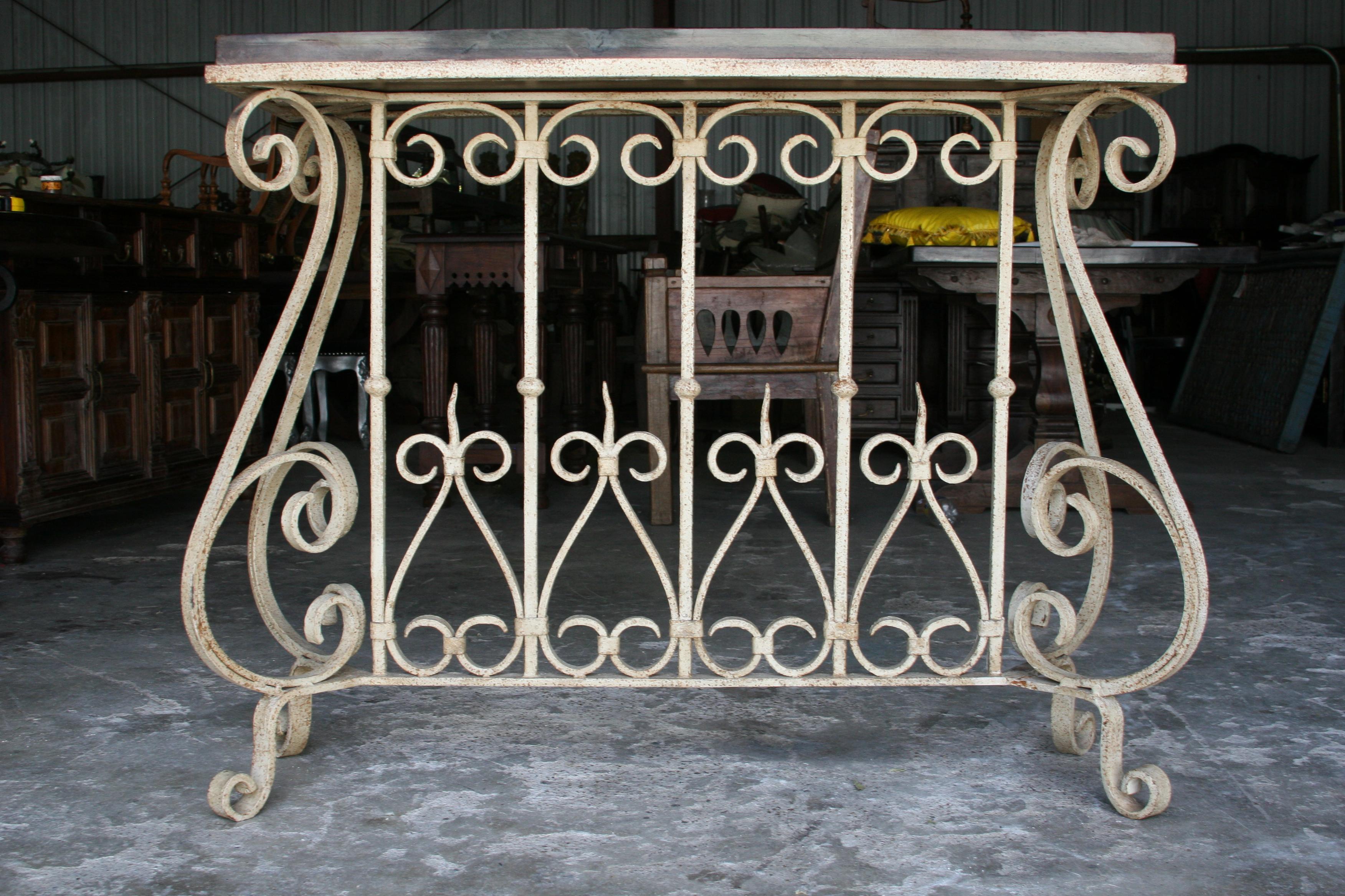 Hand-Crafted 1920s Solid Teak Wood and Hand Forged Wrought Iron French Colonial Console Table For Sale