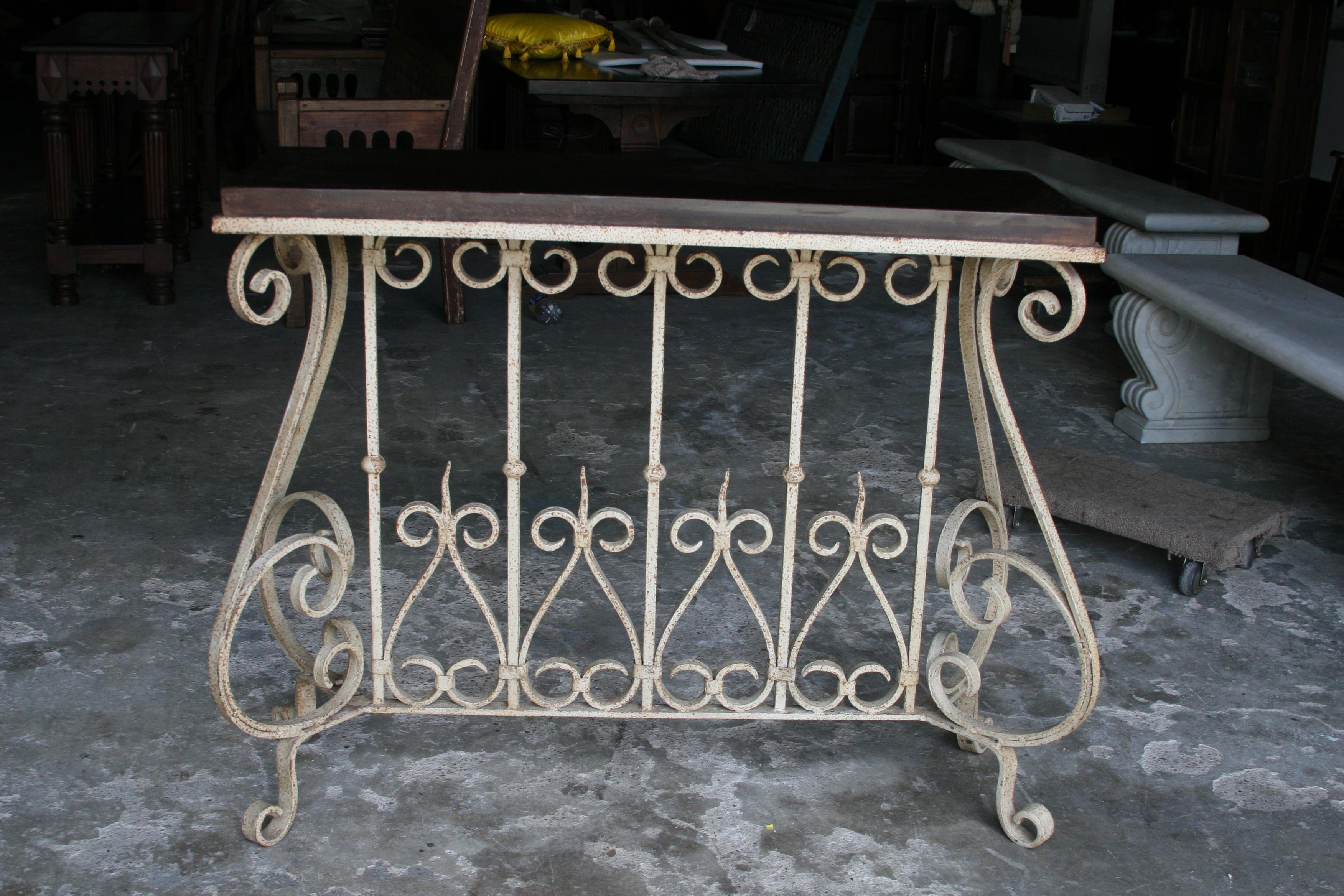1920s Solid Teak Wood and Hand Forged Wrought Iron French Colonial Console Table For Sale 1