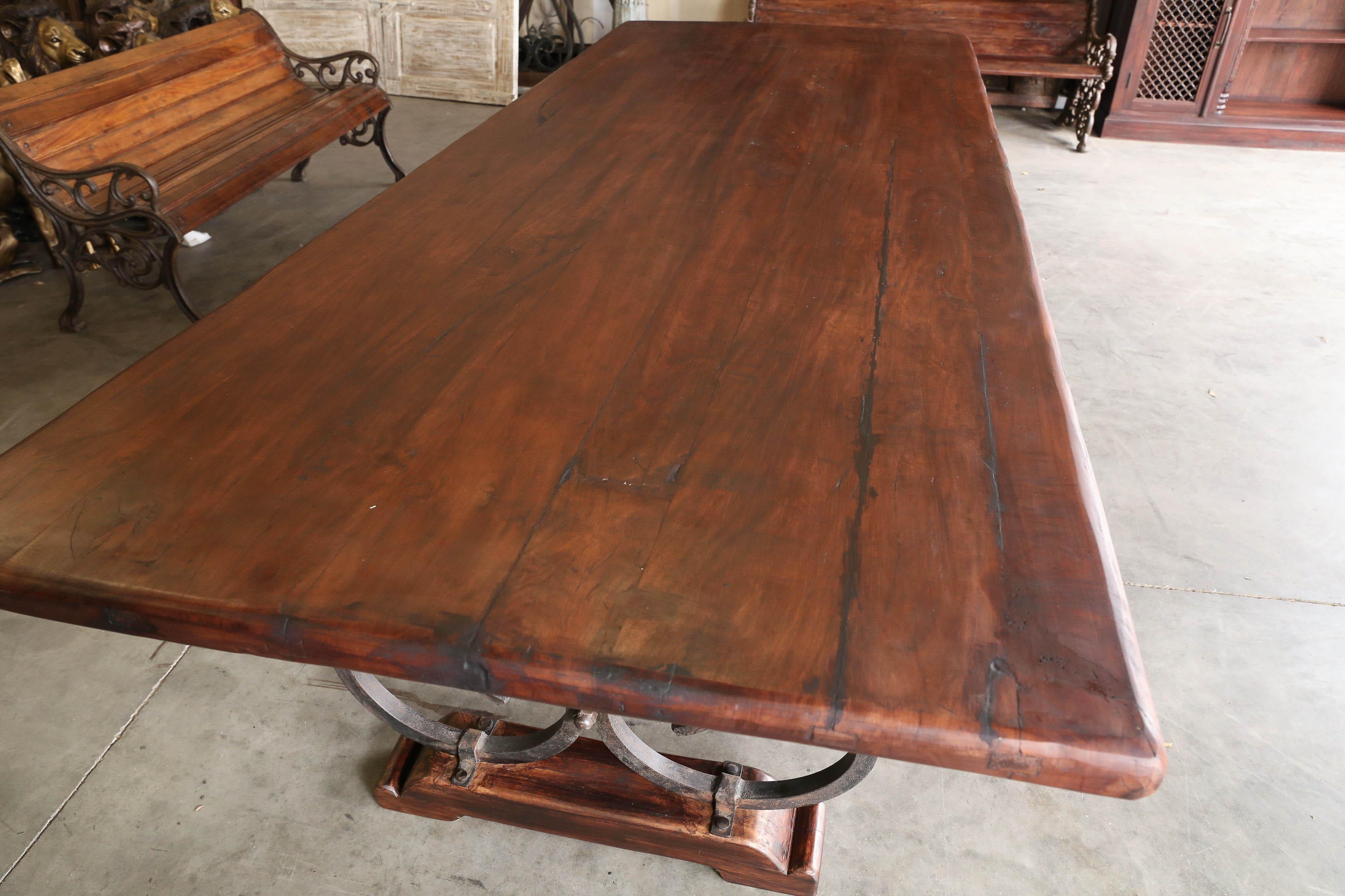 1920s Solid Teak Wood Thick Top Large Harvest Table from a Dutch Colonial Farm  For Sale 3