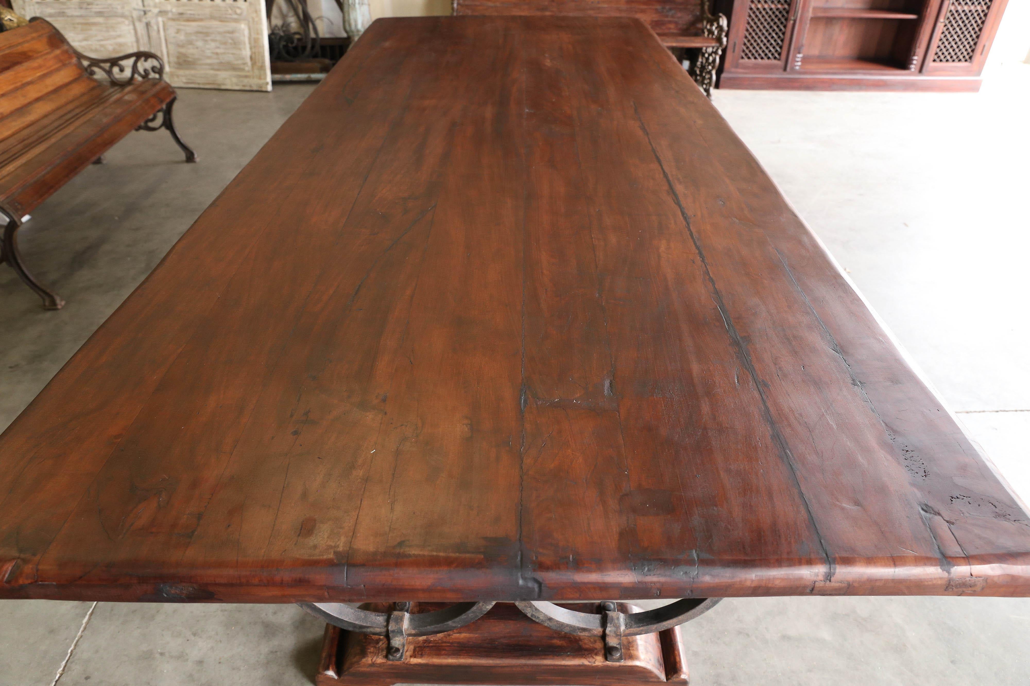 1920s Solid Teak Wood Thick Top Large Harvest Table from a Dutch Colonial Farm  For Sale 2