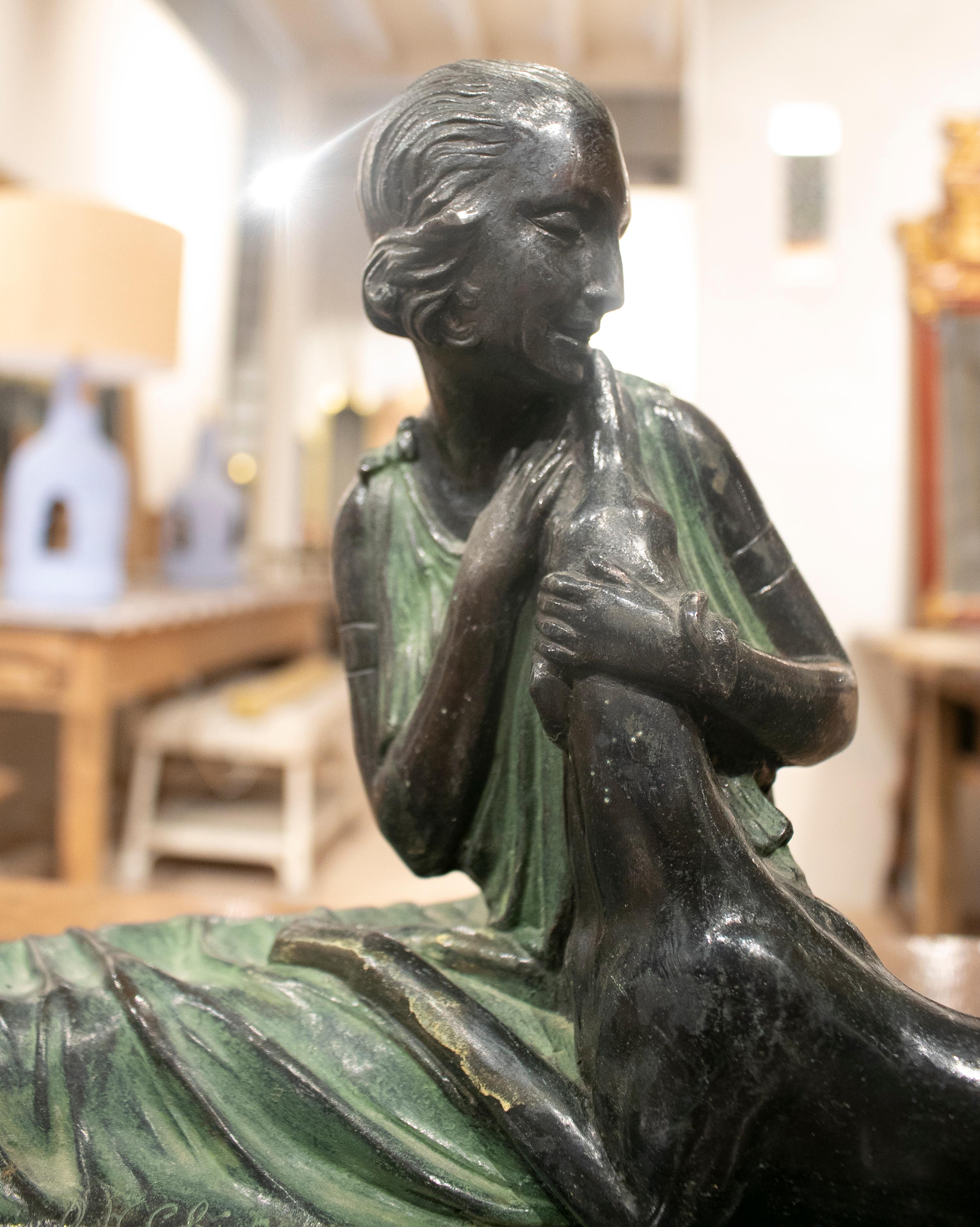 1920s Spanish Bronze Art Deco Female Figure Sculpture w/ Marble Base 1