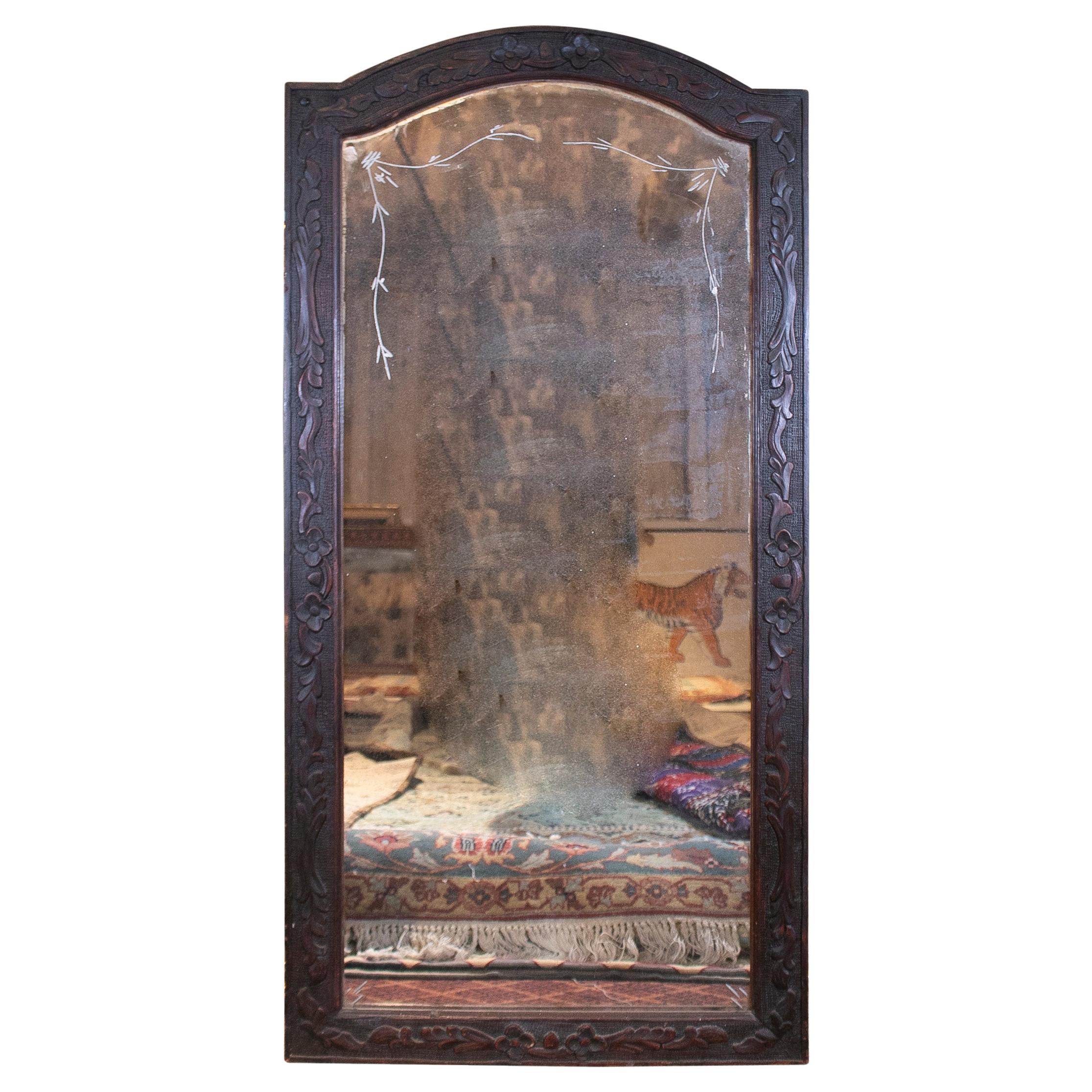 1920s Spanish Engraved Wall Mirror w/ Hand Carved Bass-Relief Wooden Frame For Sale