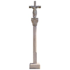 1920s Spanish Galician Hand Carved Stone "Cruceiro" High Cross Crucifixion